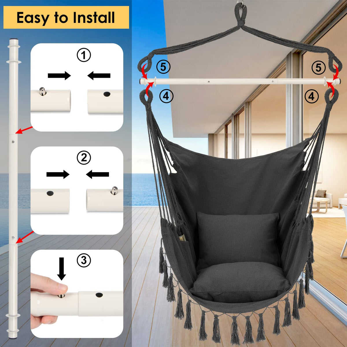 Y- STOP Hammock Chair Hanging Rope Swing Chair, Max 500 Lbs, 2 Seat Cushions Included, Removable Steel Spreader Bar with Anti-Slip Rings, Hardware kit-for Indoor Outdoor(Dark Grey)