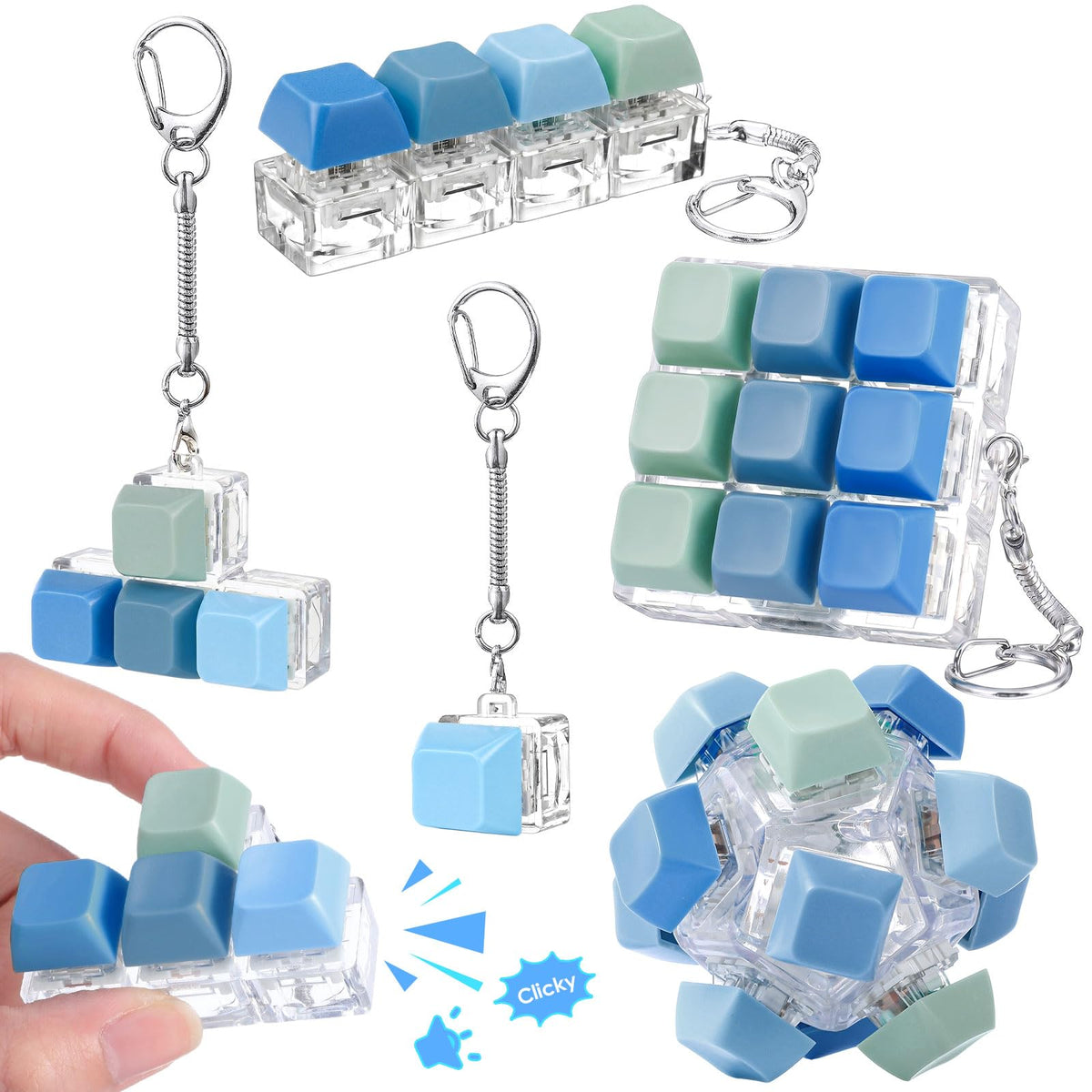 Halloscume 5 Pcs Keyboard Fidget Clicker Keychains in 5 Styles, Back to School Gift Fidget Mechanical Button Clicker Stress Relief Gift for First Day of School Office Home(Blue Purple)