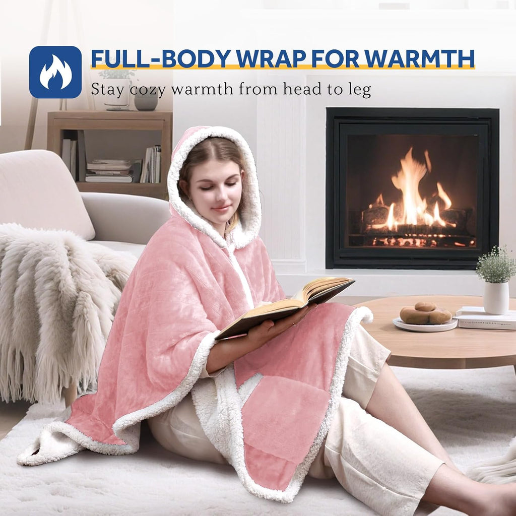 Sealy Heated Throw Wearable Shawl Wrap with Pockets, Reversible Flannel to Sherpa Electric Blanket Hoodie Poncho with 6 Heating Levels & 2-10 Hours Time Settings, 50 X 60 Inch, Pink