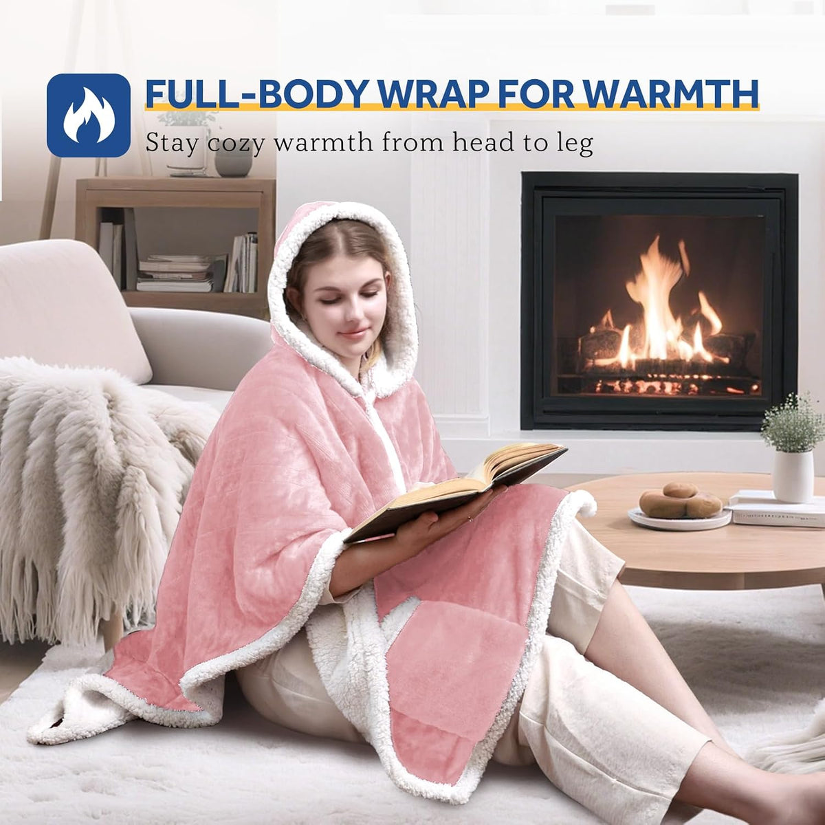 Sealy Heated Throw Wearable Shawl Wrap with Pockets, Reversible Flannel to Sherpa Electric Blanket Hoodie Poncho with 6 Heating Levels & 2-10 Hours Time Settings, 50 X 60 Inch, Pink