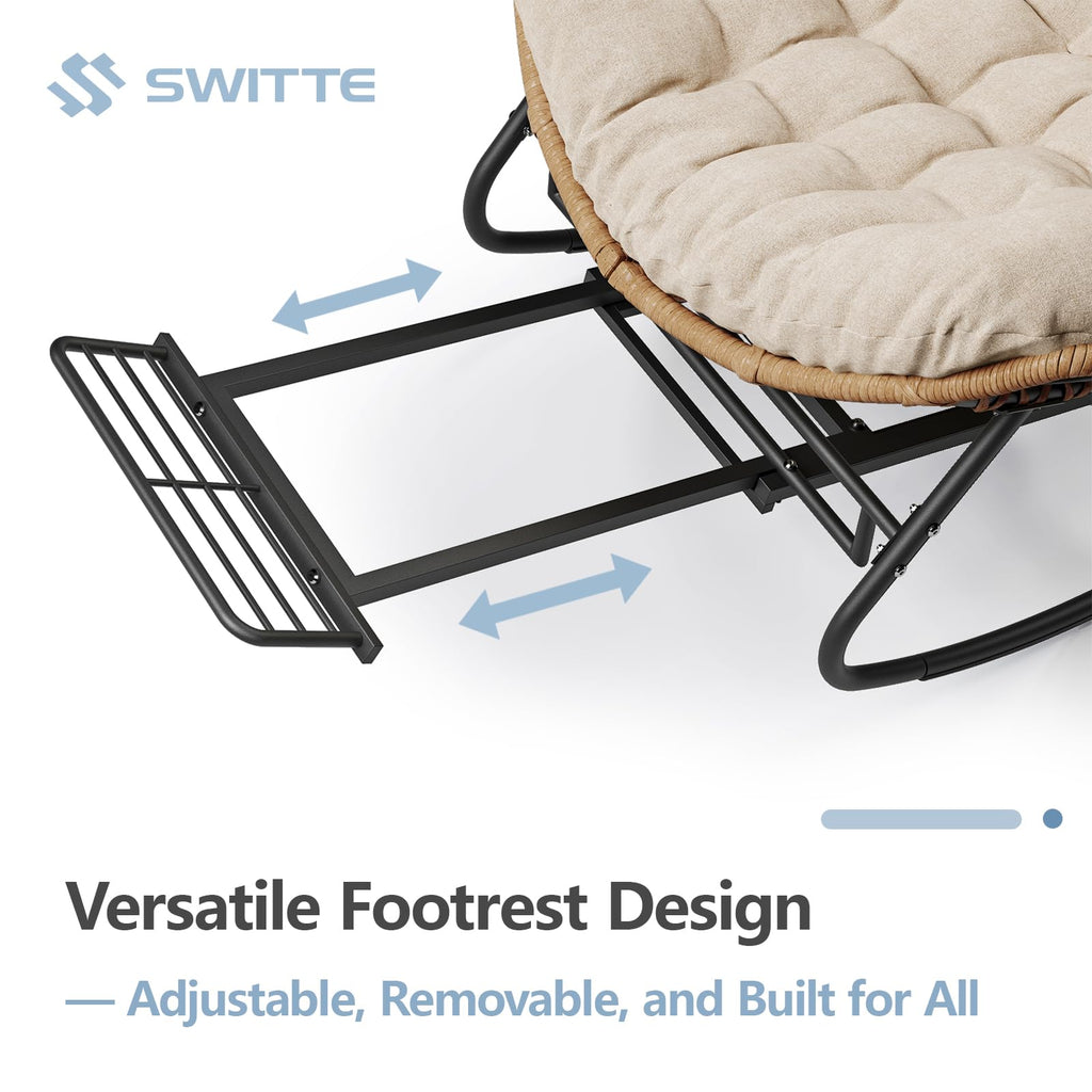 SWITTE Papasan Rocking Chair Outdoor, Oversized Patio Egg Chair with Thick Cushion, Indoor Wicker Lounge Rocker Bed for Balcony, Porch, Garden, Dark Gray