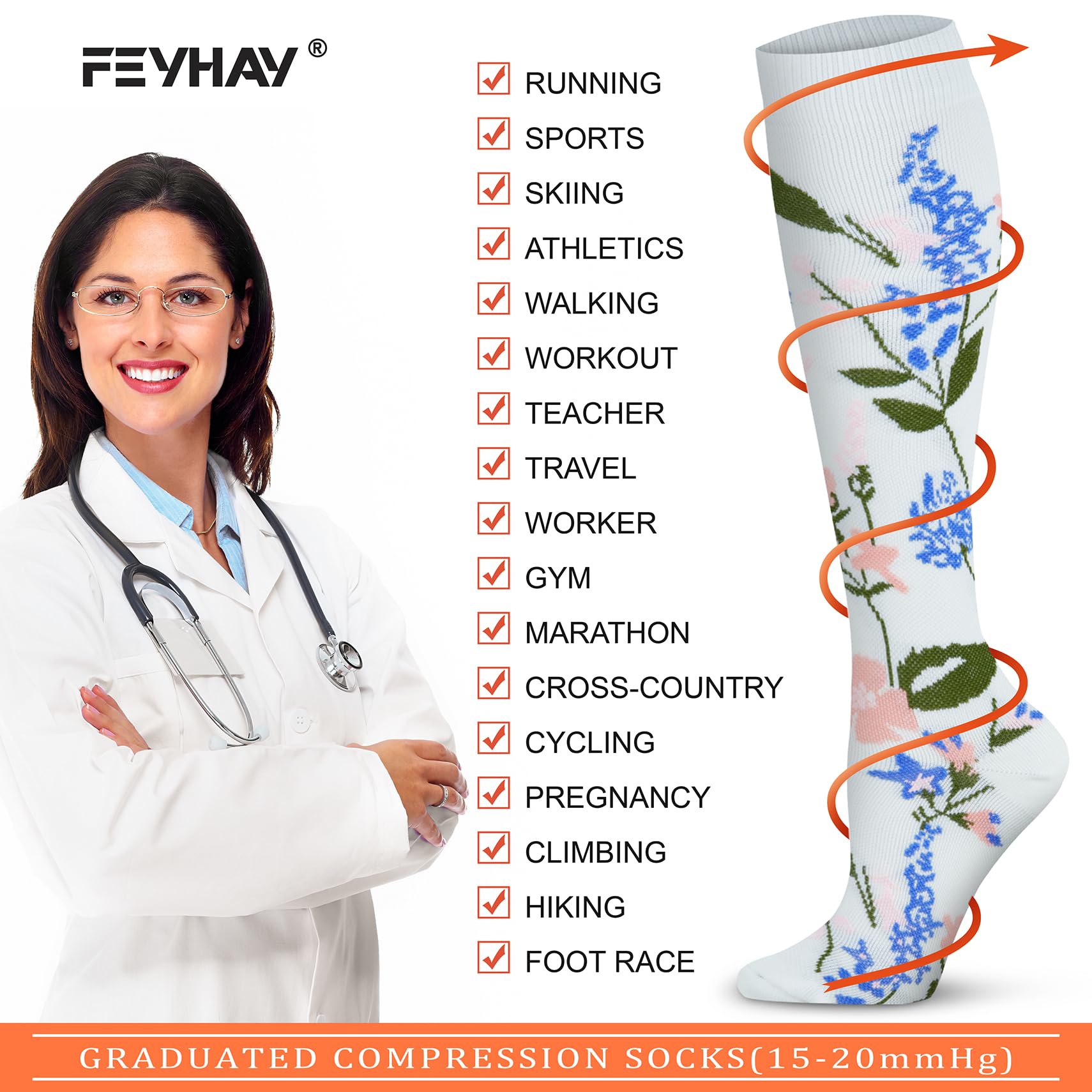 FEYHAY Copper Compression Socks (8 Pairs) 15-20 mmHg Circulation is Best Athletic & Daily for Men & Women, Running, Climbing