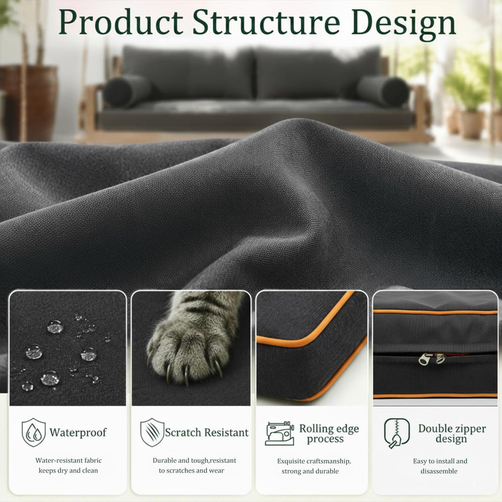 Twin Size Outdoor Daybed Swing Cushion Cover,Patio Porch Twin Mattress Bolster Pillow Fitted Sheet Cover Waterproof for Outdoor Hanging Porch Swing Bed (6, Dark Gray-White Piping)