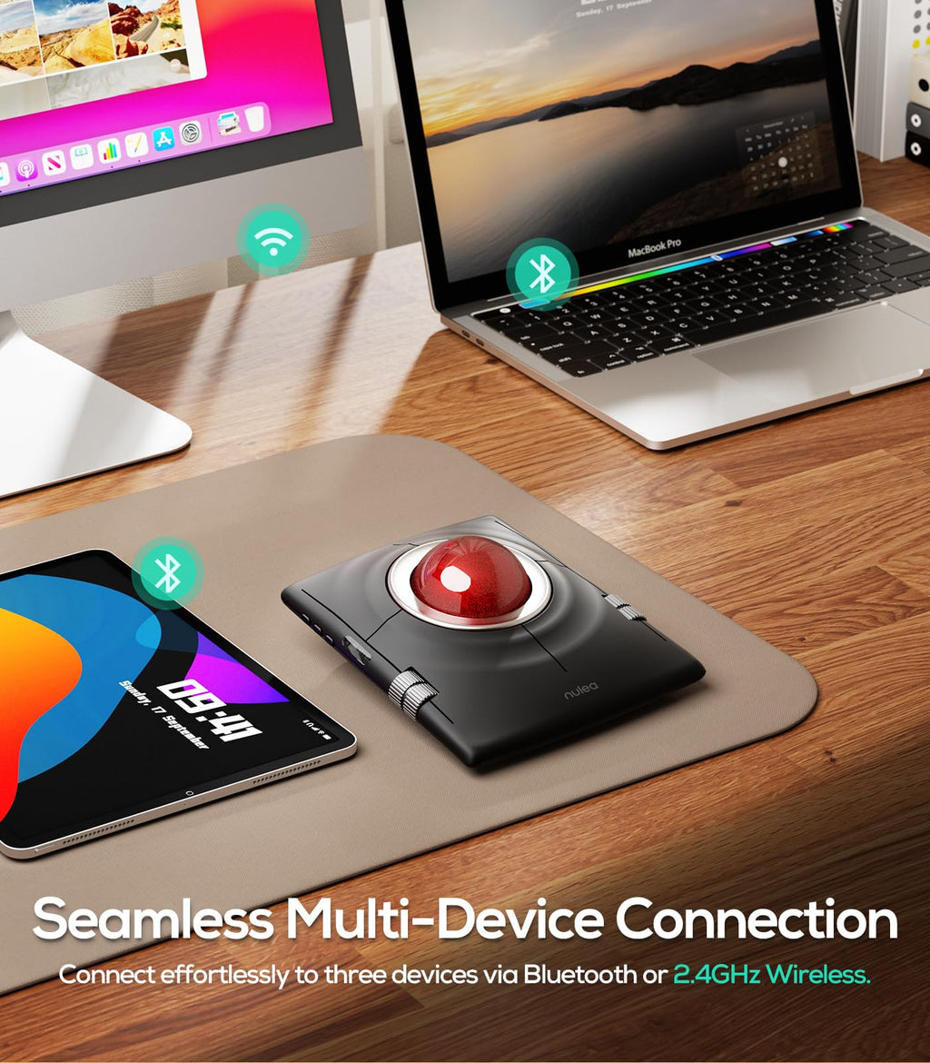 Nulea Wireless Trackball Mouse, Ergonomic 55mm Trackball, 4 Level Adjustable DPI for Precise Control, Left or Right Hand Compatible, Rechargeable, Multi-Device Bluetooth & 2.4GHz for PC, Laptop