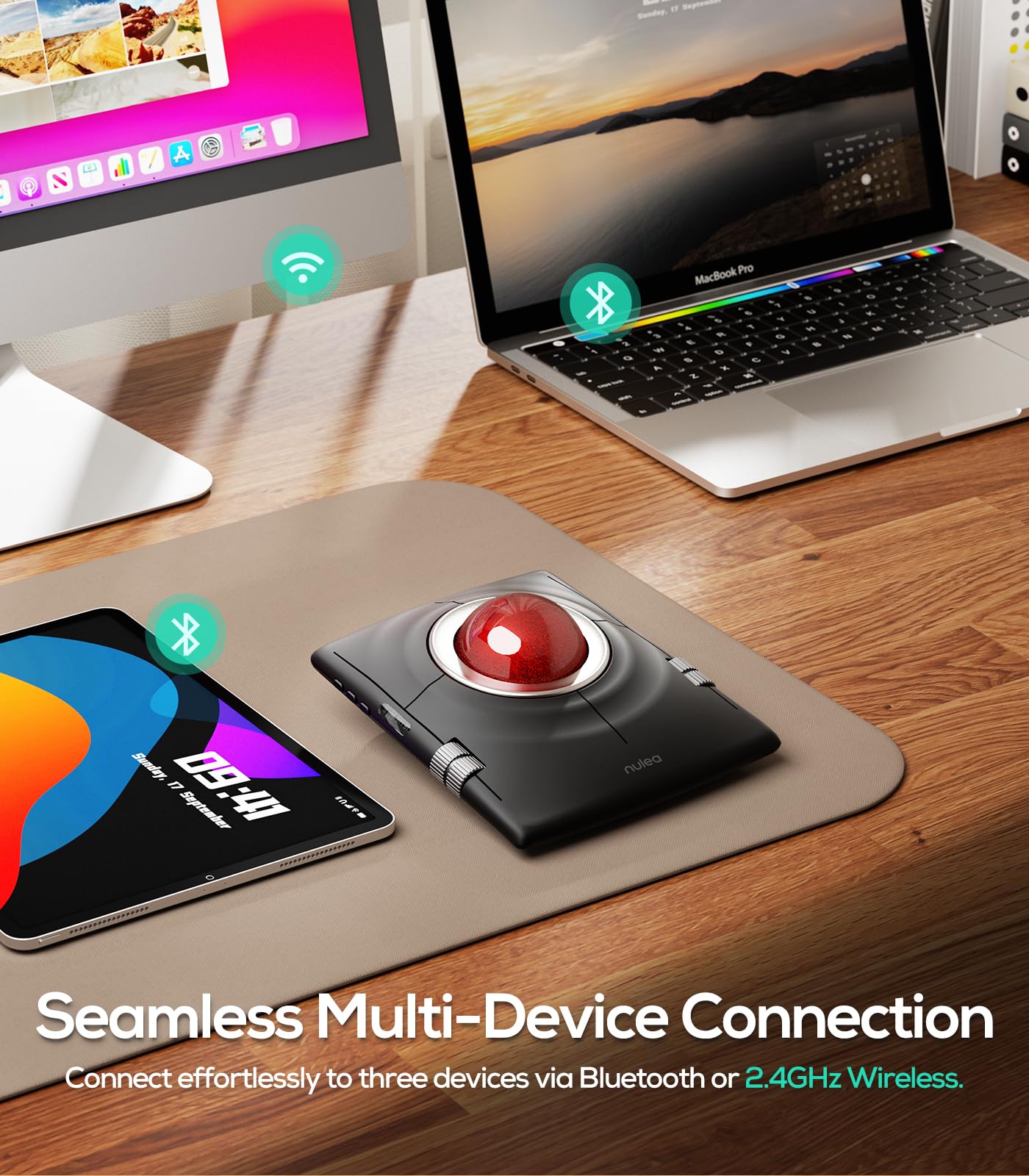 Nulea Wireless Trackball Mouse, Ergonomic 55mm Trackball, 4 Level Adjustable DPI for Precise Control, Left or Right Hand Compatible, Rechargeable, Multi-Device Bluetooth & 2.4GHz for PC, Laptop