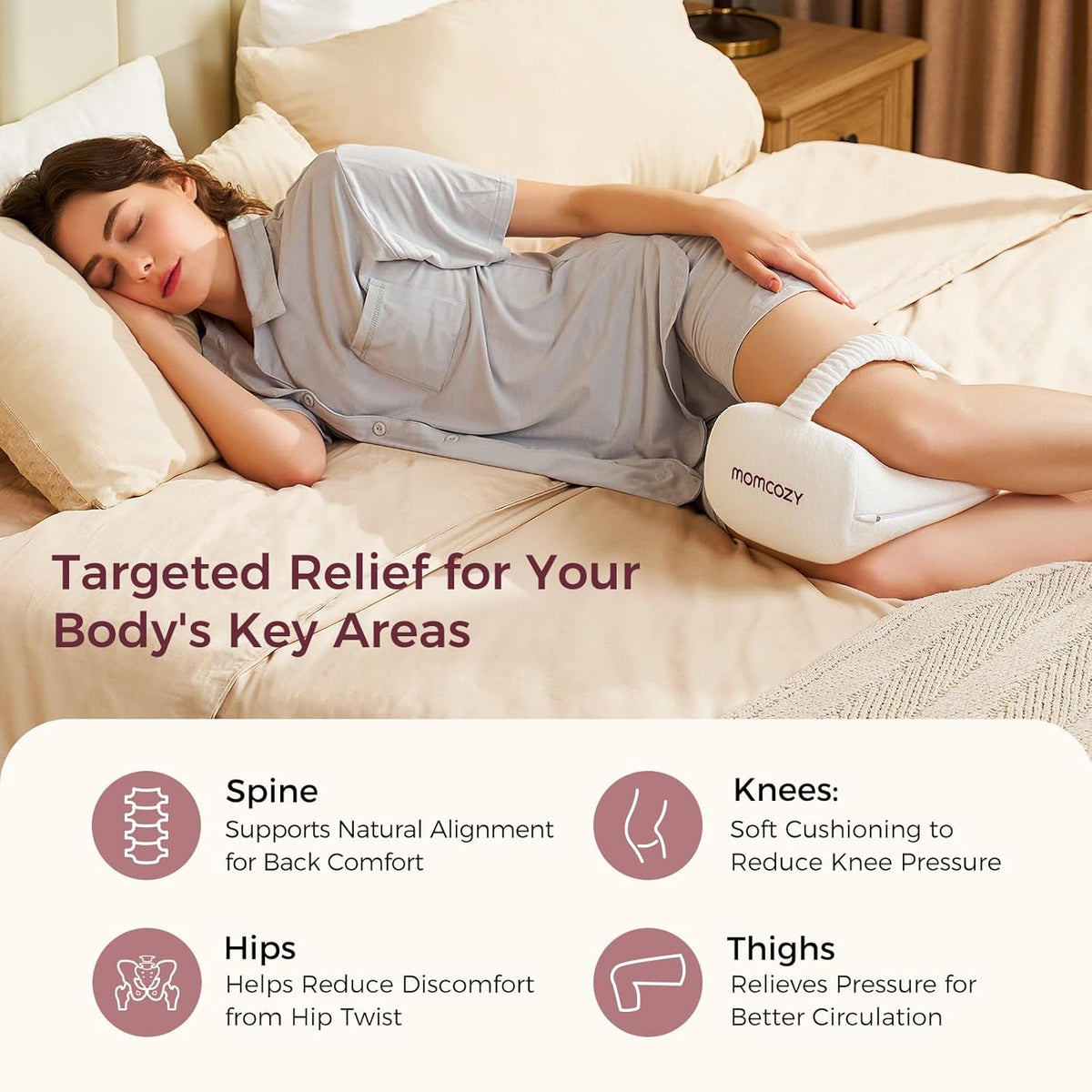 Momcozy Knee Pillow for Side Sleepers, Soft Memory Foam & Pinch-Free Design, Relieve Knee, Leg and Sciatica Pain, Adjustable Elastic Strap Ideal for Pregnant Women and Seniors, White