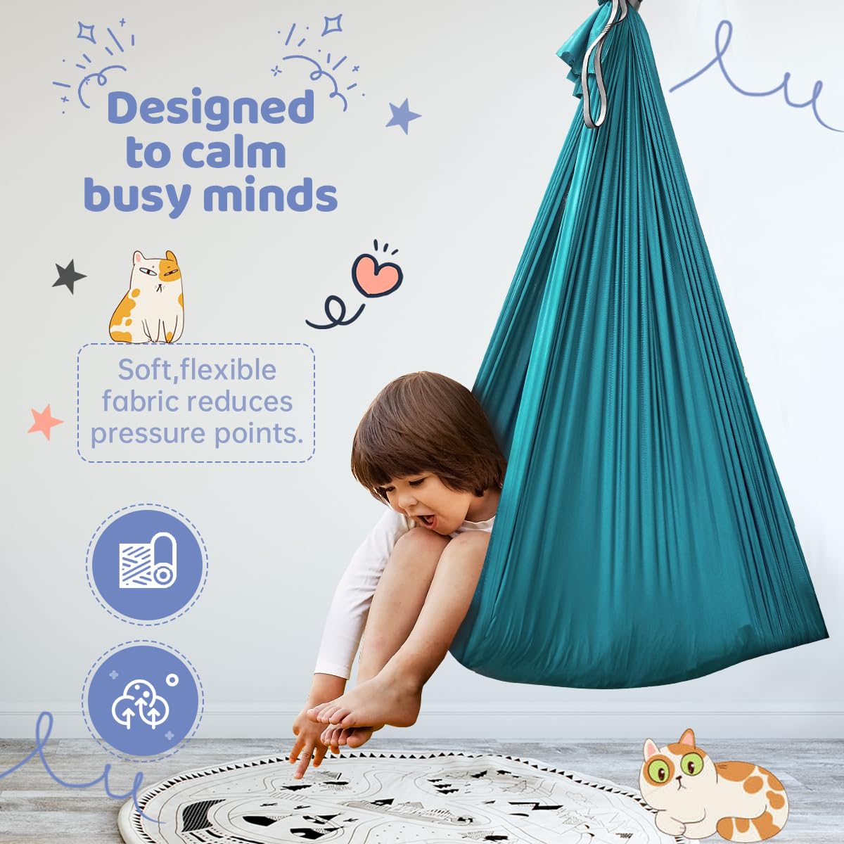 Aokitec Sensory Swing for Kids with Special Needs, Indoor Kids Swing Cuddle Hammock Chair Adjustable Aerial Swing for Children with Autism, ADHD, Asperger, Sensory Integration(Blue)