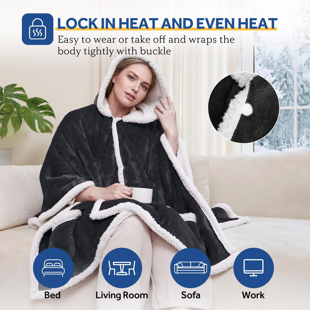 Sealy Heated Throw Wearable Shawl Wrap with Pockets, Reversible Flannel to Sherpa Electric Blanket Hoodie Poncho with 6 Heating Levels & 2-10 Hours Time Settings, 50 X 60 Inch, Pink