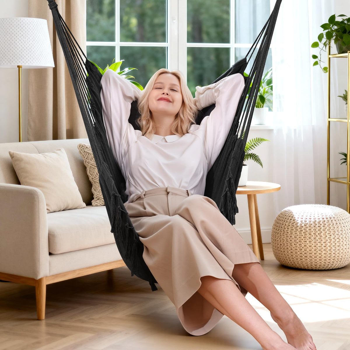 Y- STOP Hammock Chair Hanging Rope Swing Chair, Max 500 Lbs, 2 Seat Cushions Included, Removable Steel Spreader Bar with Anti-Slip Rings, Hardware kit-for Indoor Outdoor(Dark Grey)