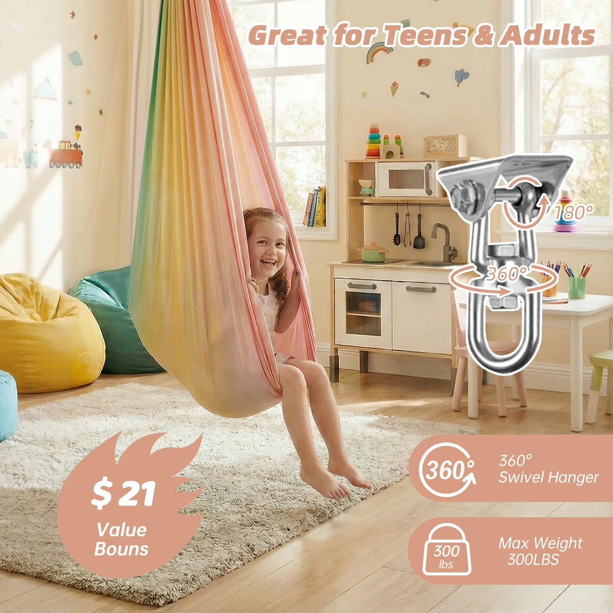 Aokitec Sensory Swing for Kids with Special Needs, Indoor Kids Swing Cuddle Hammock Chair Adjustable Aerial Swing for Children with Autism, ADHD, Asperger, Sensory Integration(Blue)
