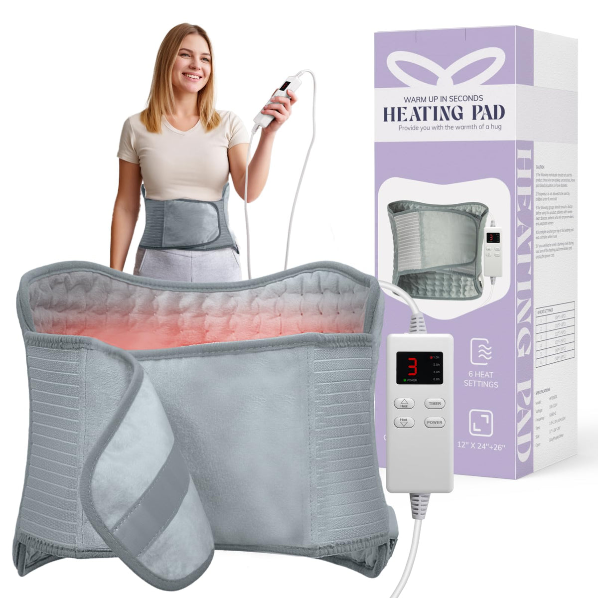 Heating Pad for Period Cramps, Upgraded Wrap Heating Pad for Back Pain Relief, Large 12''x 24''Heat Pad +26" Belt Adjustable 4 Timer 6 Heat Level Auto Shut Off, Christmas Birthday Gifts for Women Mom