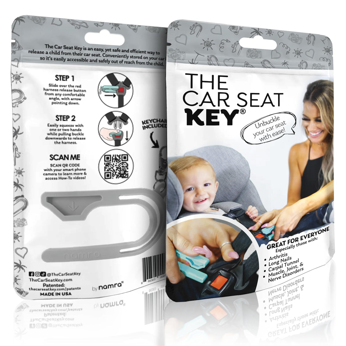 The Car Seat Key - Original Car Seat Key Chain Buckle Release Tool - Easy Unbuckle Opener Aid for Nails, Parents, Grandparents & Older Children by NAMRA Made in USA (Black)