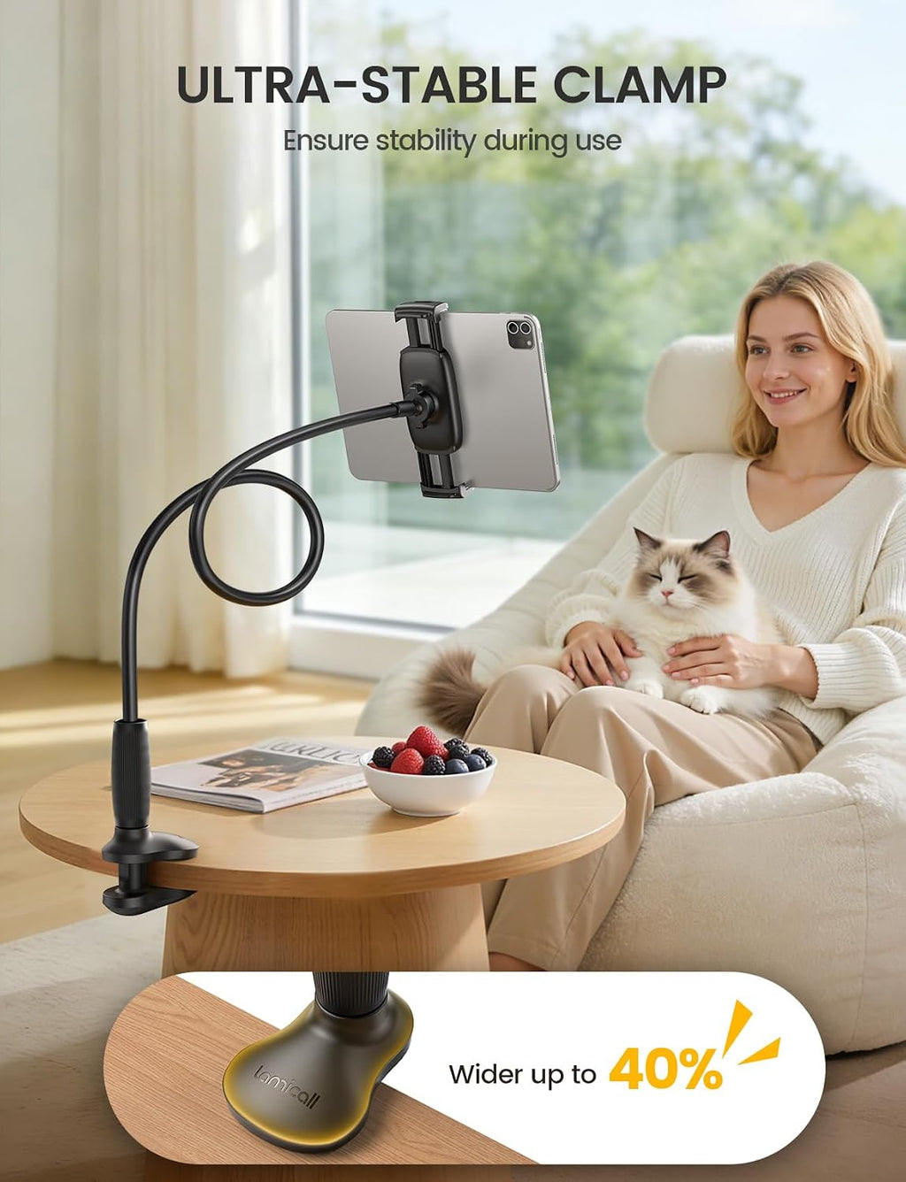 Lamicall Gooseneck Tablet Holder for Bed, Unique Tapered Flexible Arm | Fully Adjustable, iPad Kindle Holder Stand for Reading in Bed, Tablet Mount for 4.7-13" iPad, Kindle, Switch, Galaxy, iPhone