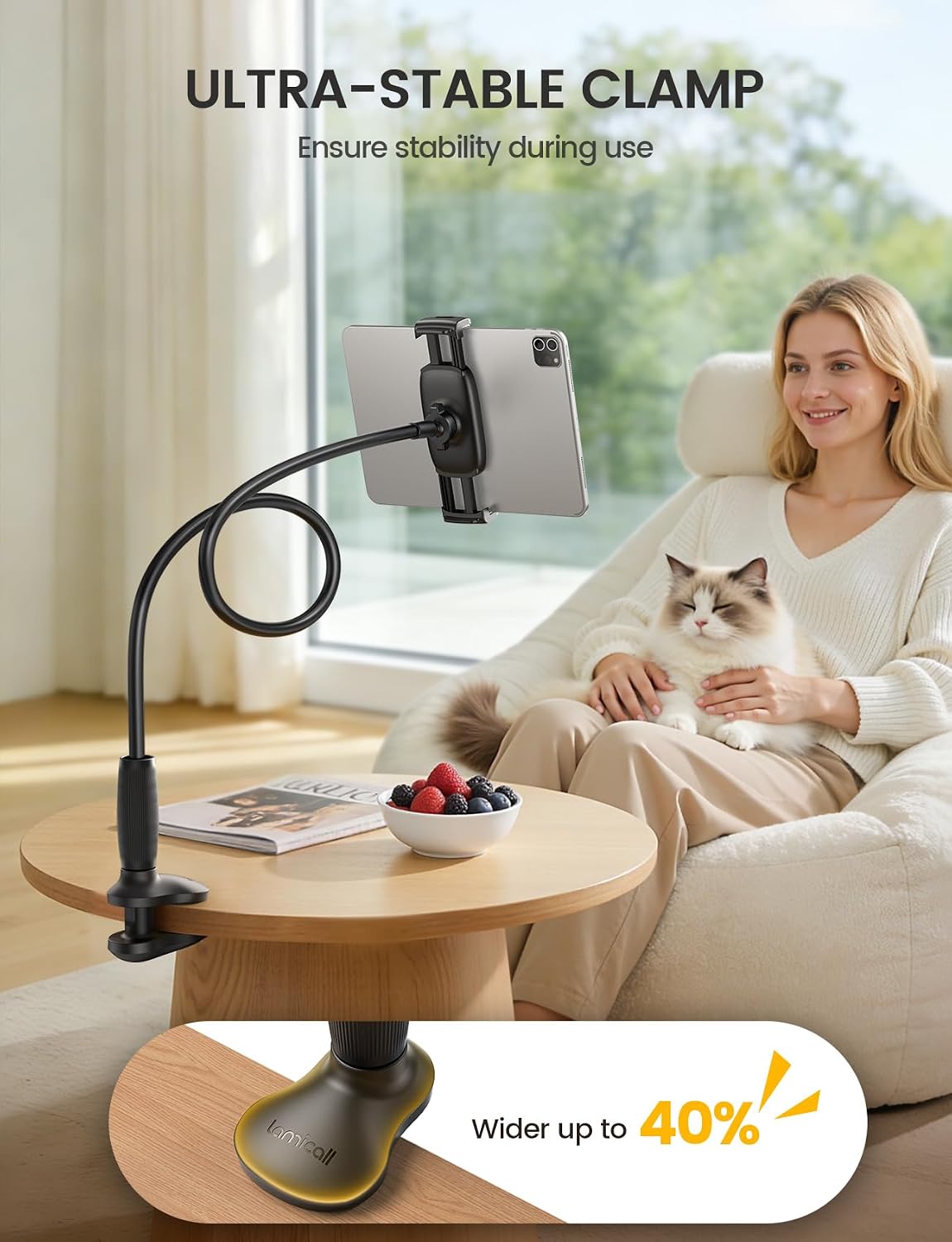 Lamicall Gooseneck Tablet Holder for Bed, Unique Tapered Flexible Arm | Fully Adjustable, iPad Kindle Holder Stand for Reading in Bed, Tablet Mount for 4.7-13" iPad, Kindle, Switch, Galaxy, iPhone