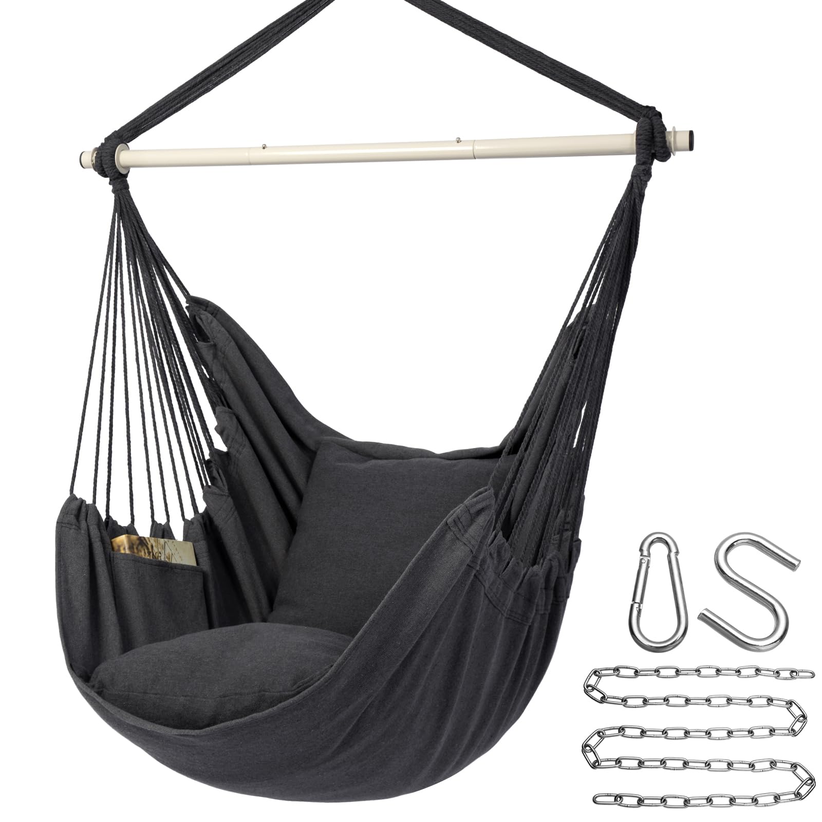 Y- STOP Hammock Chair Hanging Rope Swing Chair, Max 500 Lbs, 2 Seat Cushions Included, Removable Steel Spreader Bar with Anti-Slip Rings, Hardware kit-for Indoor Outdoor(Dark Grey)