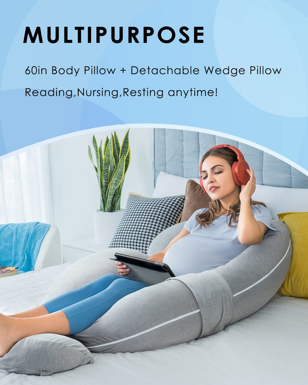 QUEEN ROSE Cooling Pregnancy Pillows, E Shaped Maternity Pillow for Sleeping, with Extra Wedge Pillow for Belly Support, 60 Inch Full Body Pillow, Pink