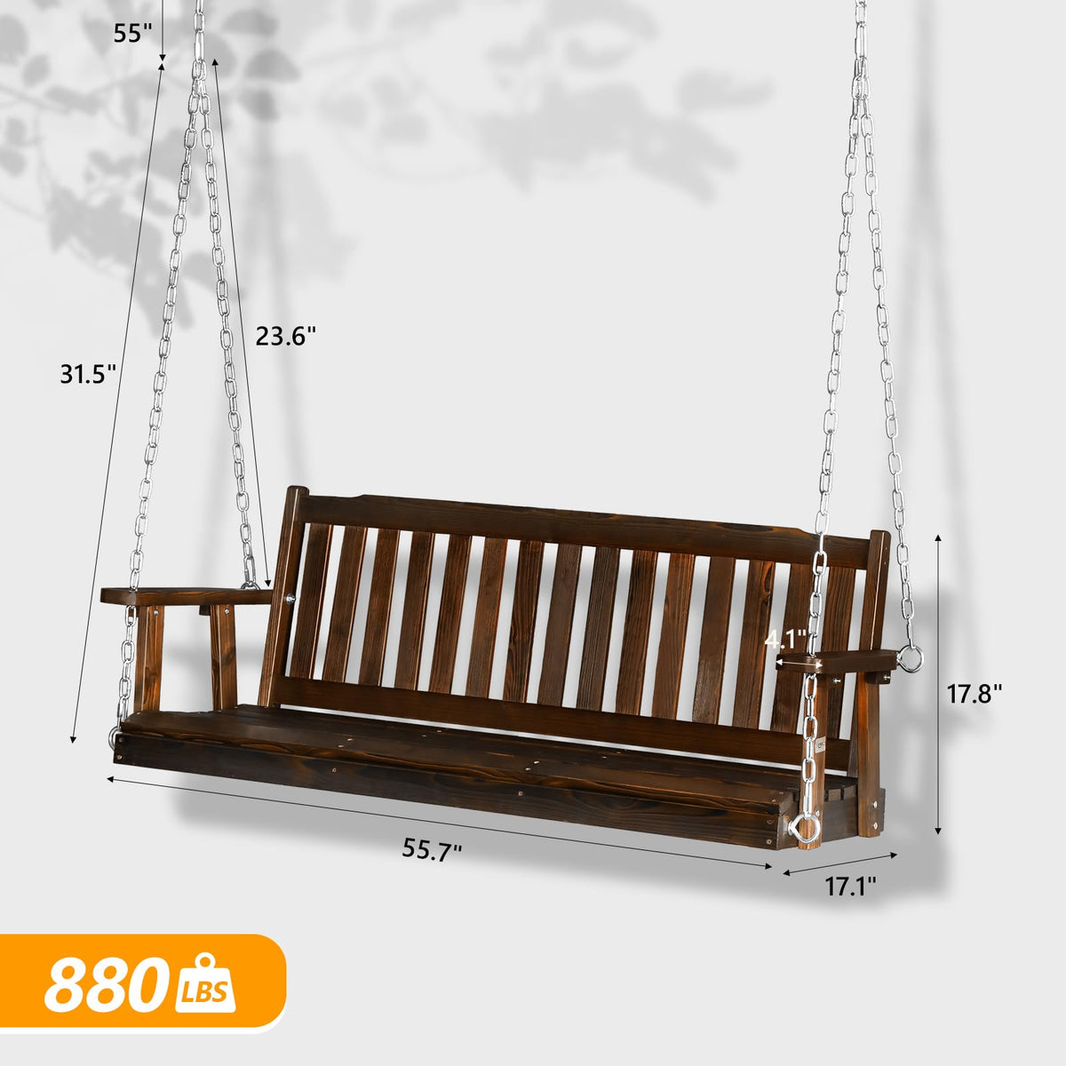 VINGLI Heavy Duty 880 LBS 5 FT Patio Wooden Porch Swing Outdoor with Upgraded Adjustable Chains, Outdoor Hanging Swing Bench for Garden, Yard, Balcony (5 FT, Brown)