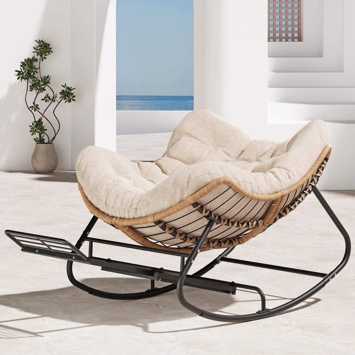 SWITTE Papasan Rocking Chair Outdoor, Oversized Patio Egg Chair with Thick Cushion, Indoor Wicker Lounge Rocker Bed for Balcony, Porch, Garden, Dark Gray