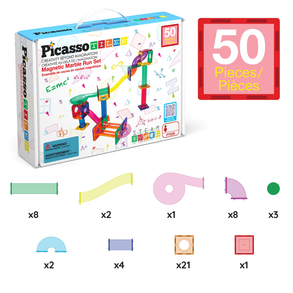 PicassoTiles 100 Piece Marble Run Magnetic Tiles Race Track STEM Ages 3+ | BPA-free ABS plastic, reinforced edges, curved slopes and U-turns, steel balls included, open-ended maze layouts, shared play