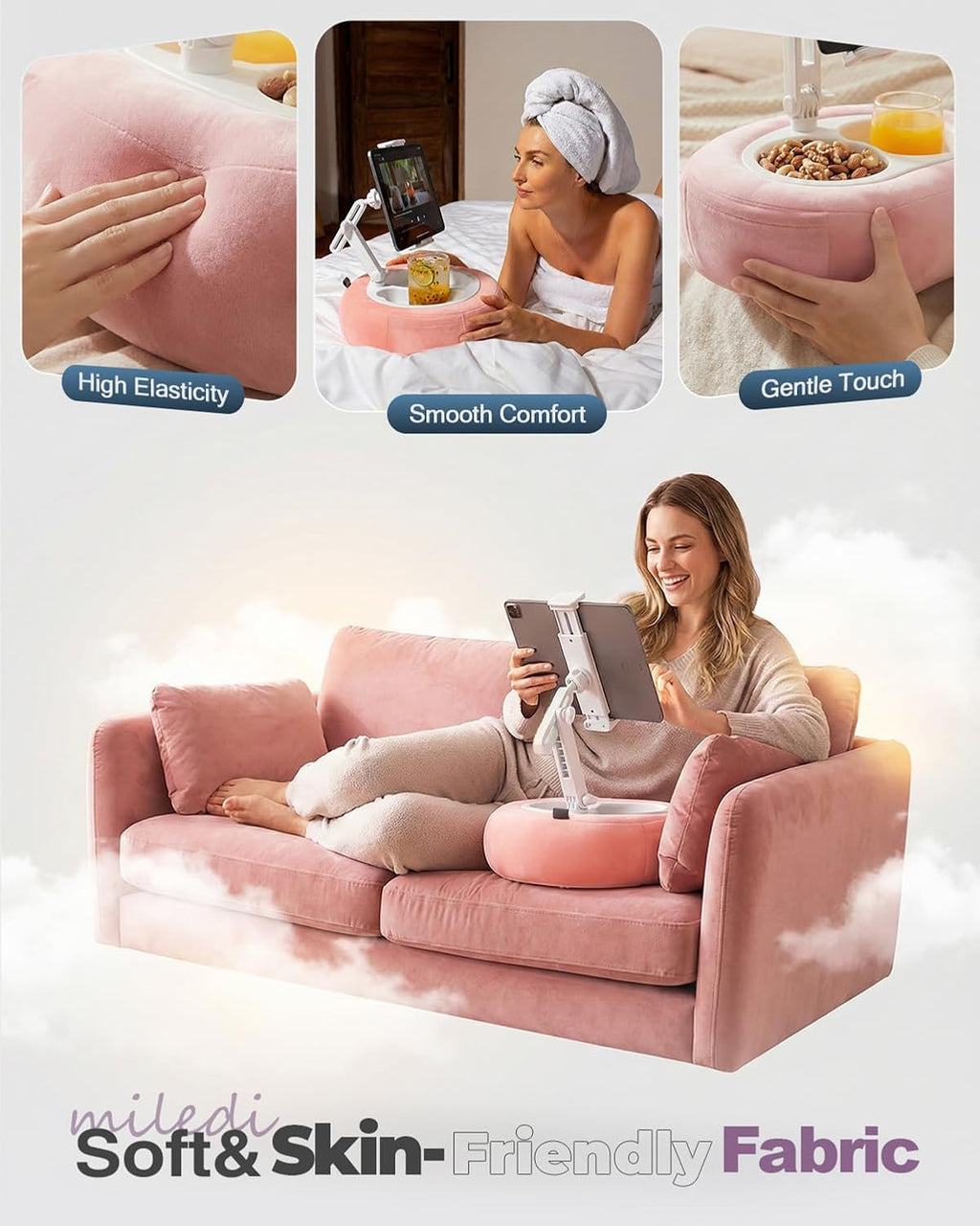 Miledi Tablet Pillow Stand for Bed with 360° Rotating Holder, Pink | Compatible with Kindle, iPad, Phone and Tablet 5" to 12.9", Soft Plush Fabric, with 2 Snack Bowls, for Reading and Relaxing