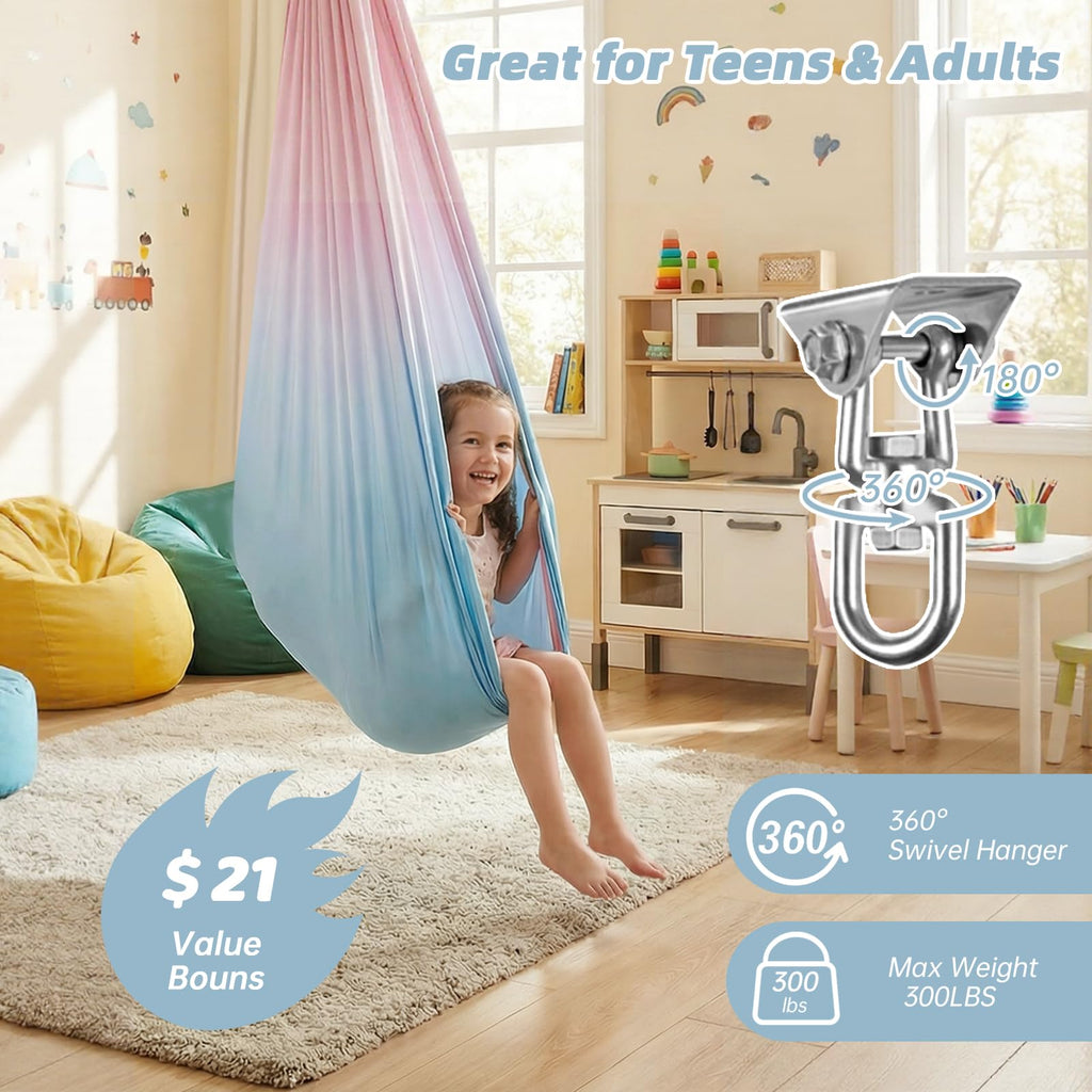 Aokitec Sensory Swing for Kids with Special Needs, Indoor Kids Swing Cuddle Hammock Chair Adjustable Aerial Swing for Children with Autism, ADHD, Asperger, Sensory Integration(Blue)