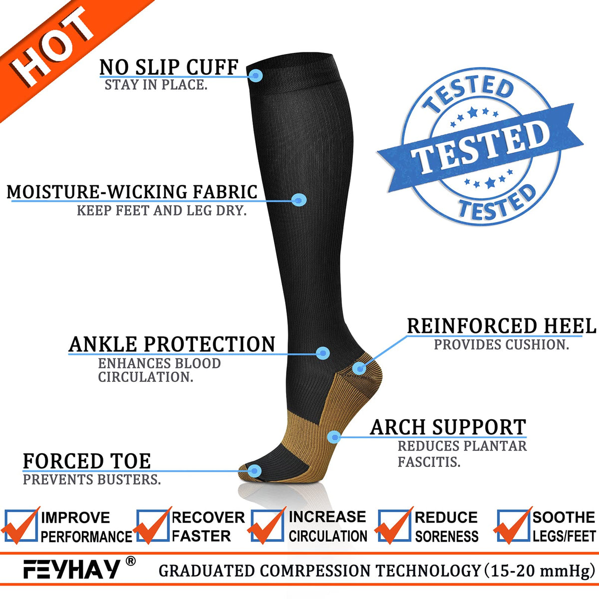 FEYHAY Copper Compression Socks (8 Pairs) 15-20 mmHg Circulation is Best Athletic & Daily for Men & Women, Running, Climbing