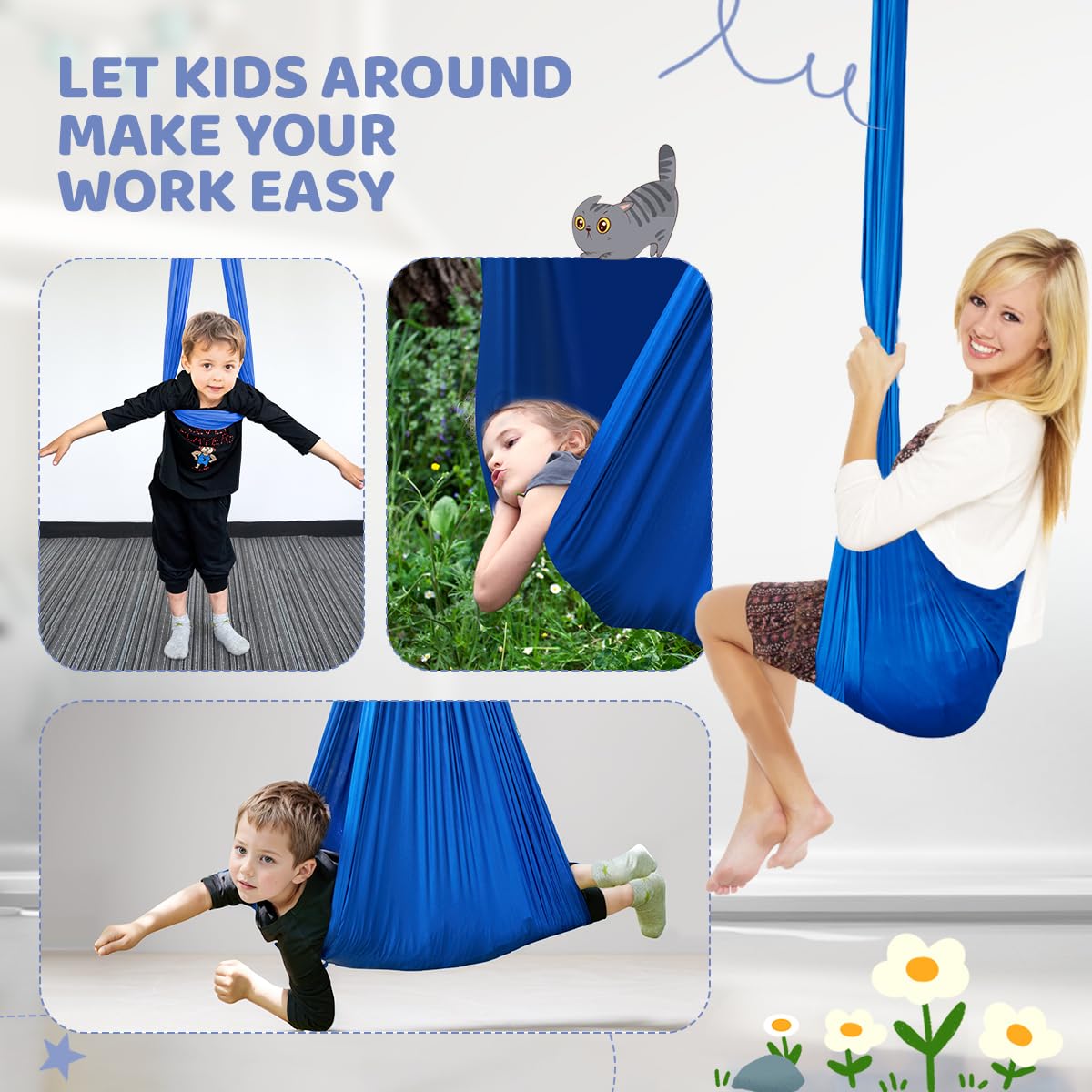 Aokitec Sensory Swing for Kids with Special Needs, Indoor Kids Swing Cuddle Hammock Chair Adjustable Aerial Swing for Children with Autism, ADHD, Asperger, Sensory Integration(Blue)