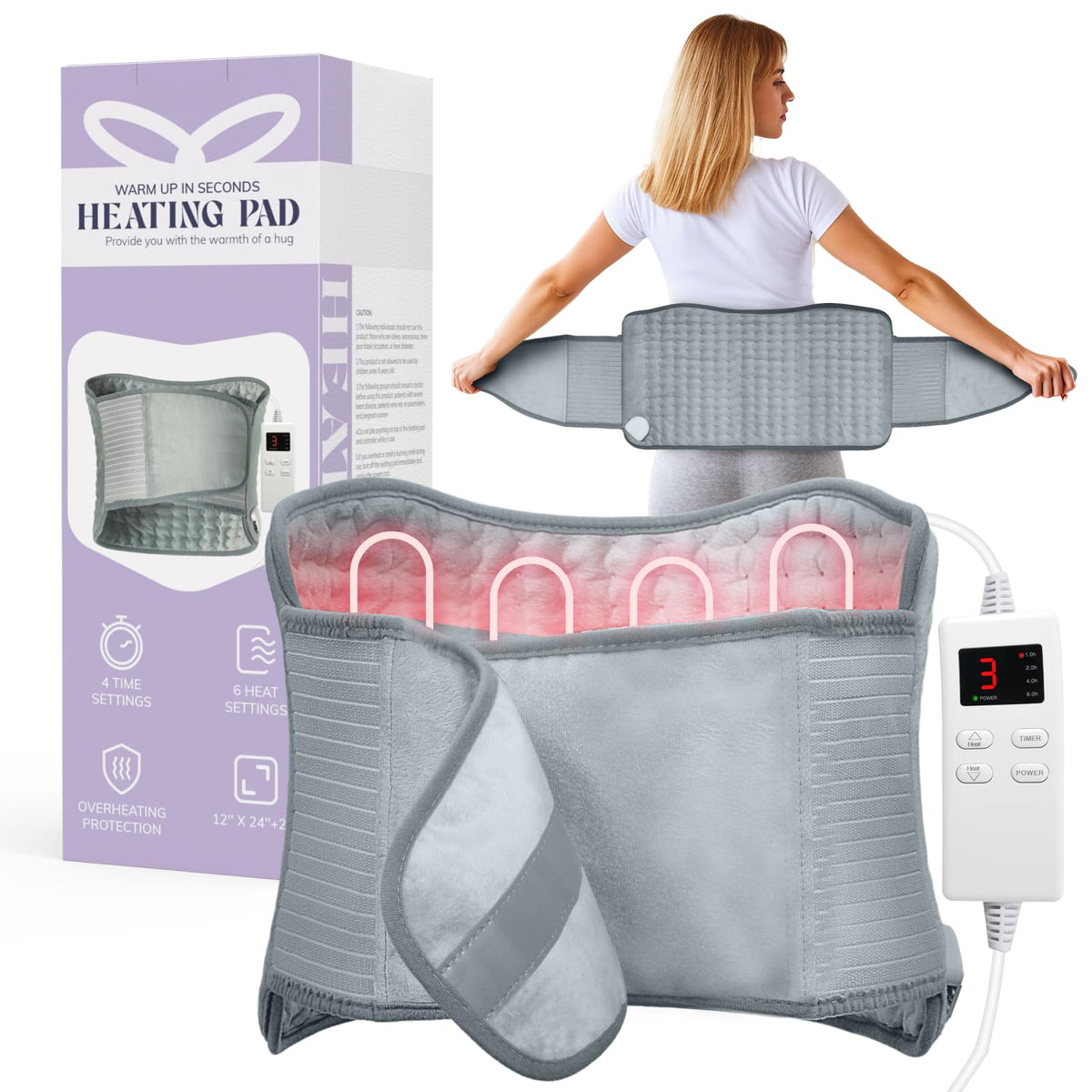 Heating Pad for Period Cramps, Upgraded Wrap Heating Pad for Back Pain Relief, Large 12''x 24''Heat Pad +26" Belt Adjustable 4 Timer 6 Heat Level Auto Shut Off, Christmas Birthday Gifts for Women Mom