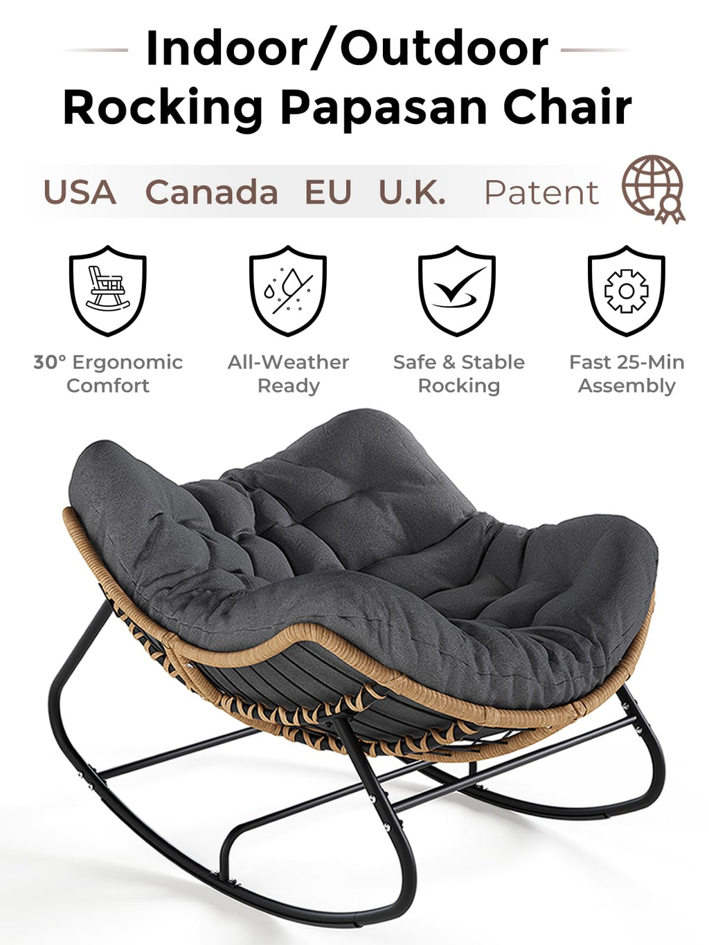 SWITTE Papasan Rocking Chair Outdoor, Oversized Patio Egg Chair with Thick Cushion, Indoor Wicker Lounge Rocker Bed for Balcony, Porch, Garden, Dark Gray