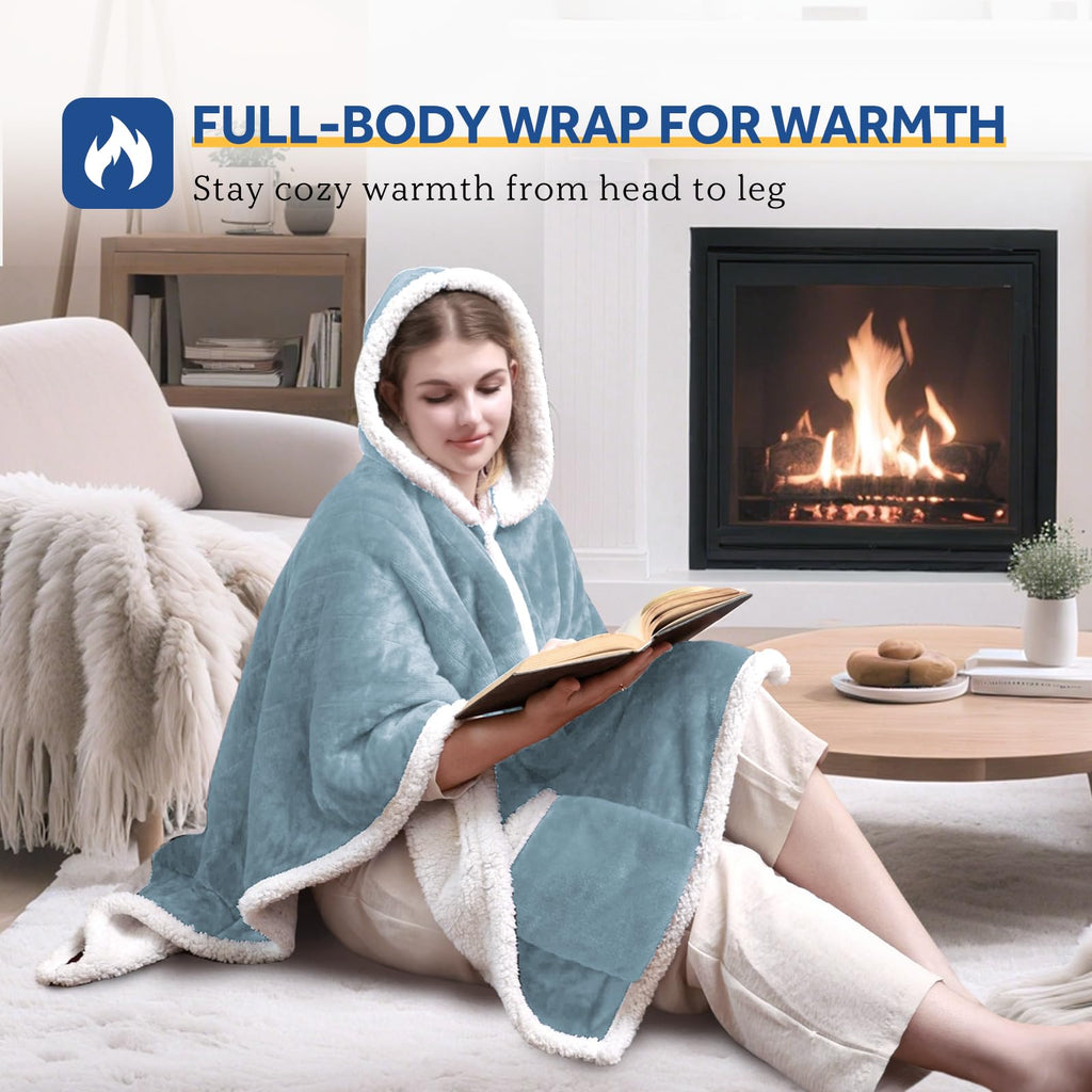 Sealy Heated Throw Wearable Shawl Wrap with Pockets, Reversible Flannel to Sherpa Electric Blanket Hoodie Poncho with 6 Heating Levels & 2-10 Hours Time Settings, 50 X 60 Inch, Pink