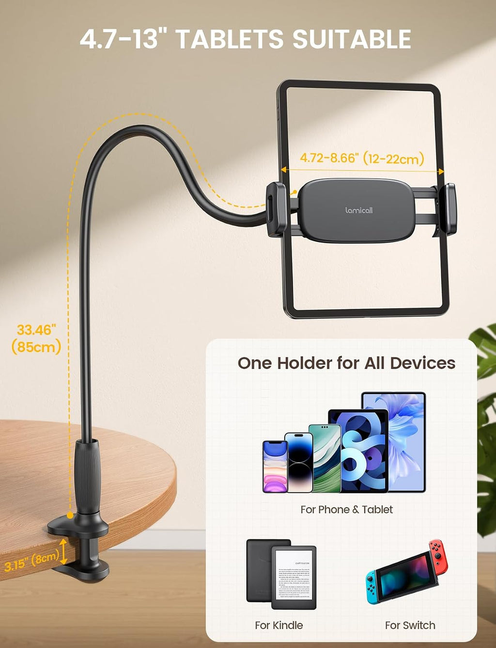Lamicall Gooseneck Tablet Holder for Bed, Unique Tapered Flexible Arm | Fully Adjustable, iPad Kindle Holder Stand for Reading in Bed, Tablet Mount for 4.7-13" iPad, Kindle, Switch, Galaxy, iPhone