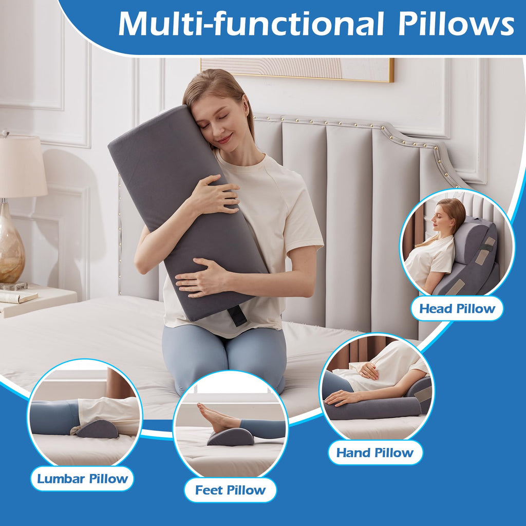Ahpmeoa 6PCS Wedge Pillow Set for After Surgery, Orthopedic Bed Wedge Pillow for Headboard, Memory Foam Back Pillow for Bed Sitting Up, Sit Up Pillow for Acid Reflux Relief, GERD, Anti Snoring (White)