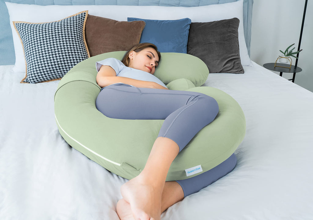 QUEEN ROSE Cooling Pregnancy Pillows, E Shaped Maternity Pillow for Sleeping, with Extra Wedge Pillow for Belly Support, 60 Inch Full Body Pillow, Pink
