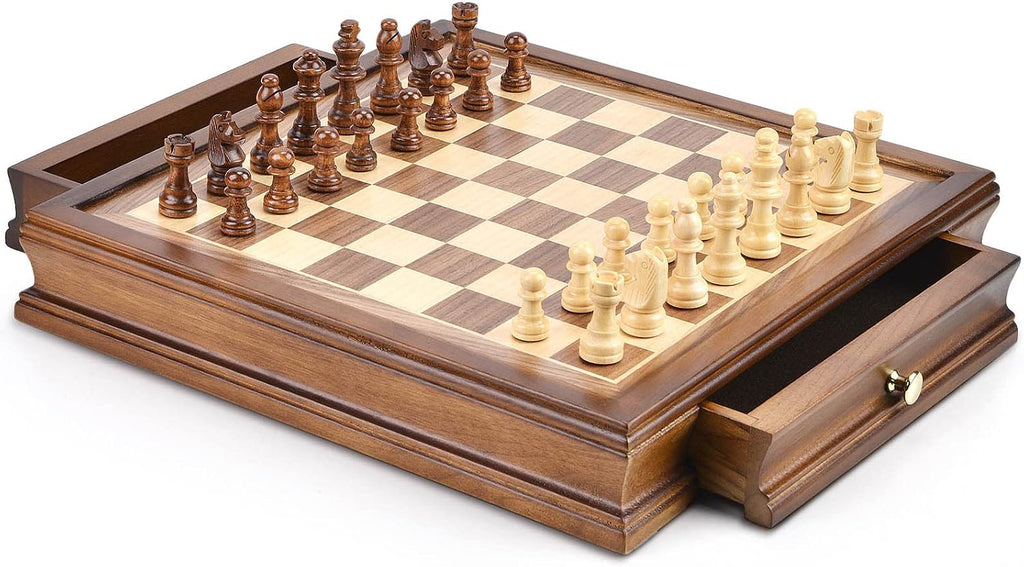 AMEROUS 12.8" x 12.8" Magnetic Wooden Chess Set with 2 Built-in Storage Drawers - 2 Bonus Extra Queens - Gift Packaging - Staunton Chess Pieces, Board Games Chess Sets for Adults and Kids