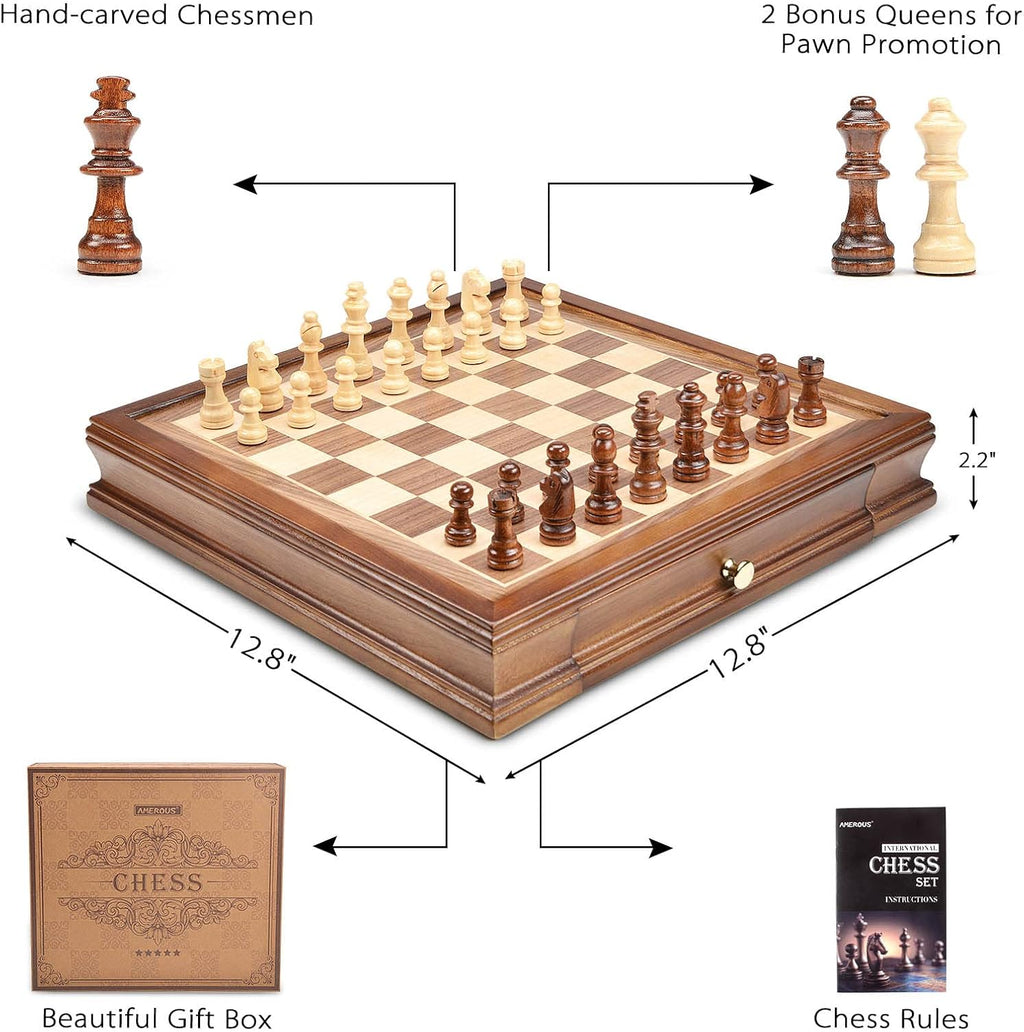 AMEROUS 12.8" x 12.8" Magnetic Wooden Chess Set with 2 Built-in Storage Drawers - 2 Bonus Extra Queens - Gift Packaging - Staunton Chess Pieces, Board Games Chess Sets for Adults and Kids