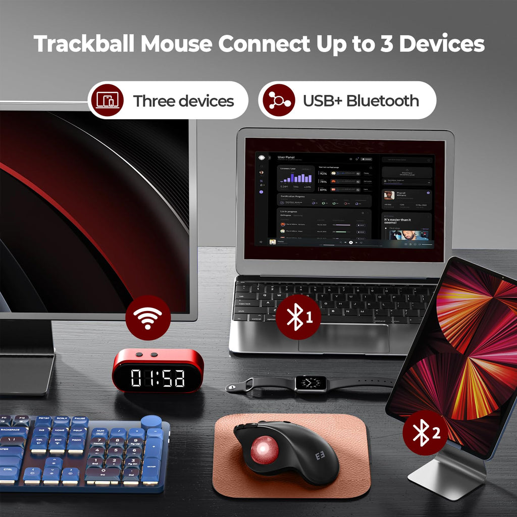seenda Wireless Trackball Mouse, Ergonomic Bluetooth Rollerball Mouse Rechargeable, 3 Device Connection Optical Mice Adjustable DPI Thumb Control Mice Compatible for PC/Laptop/Windows/Mac - Pink