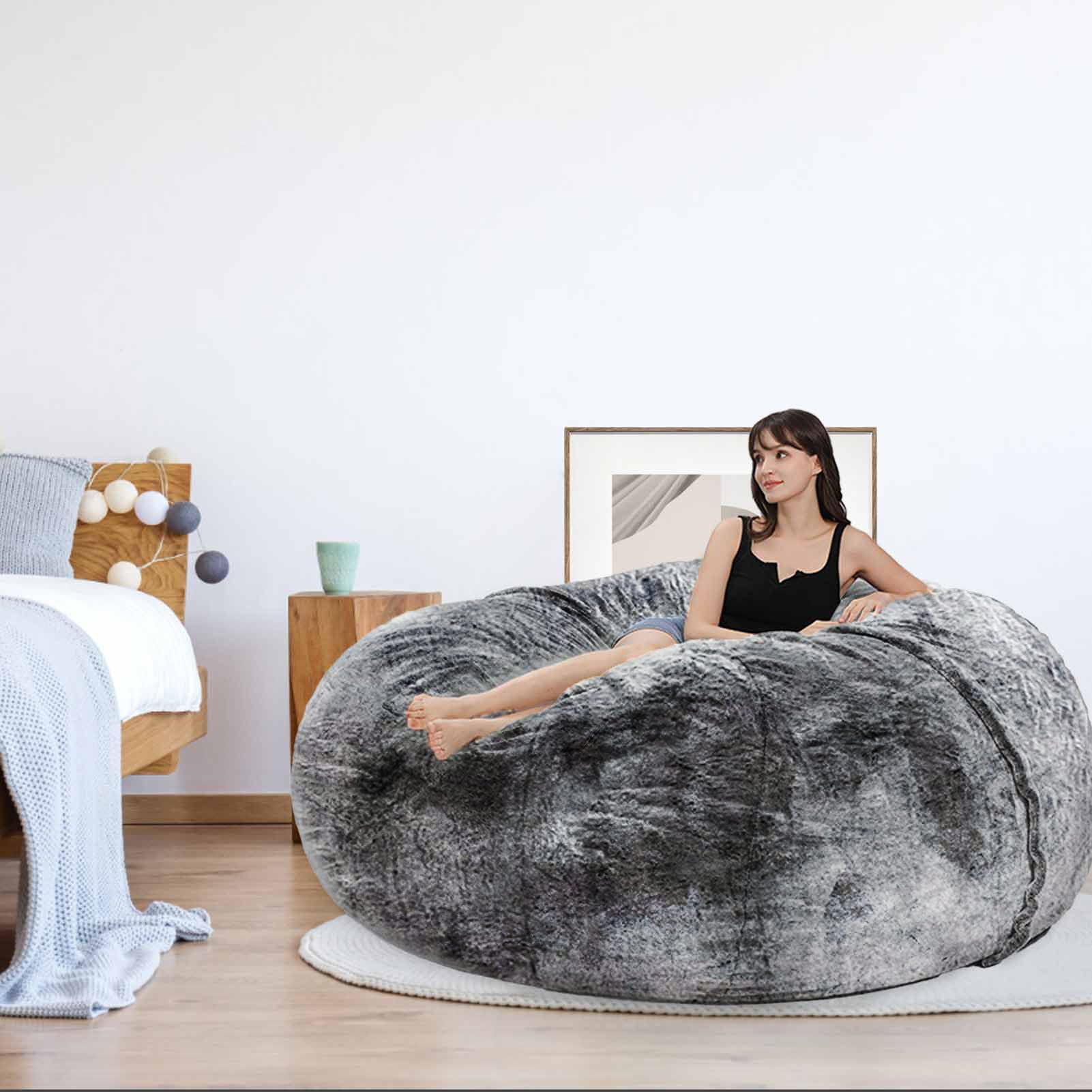 HDMLDP Bean Bag Chair for Adults Kids Without Filling Comfy Fluffy Giant Round Beanbag Lazy Sofa Cover for Reading Chair Floor Chair, 6FT, Grey