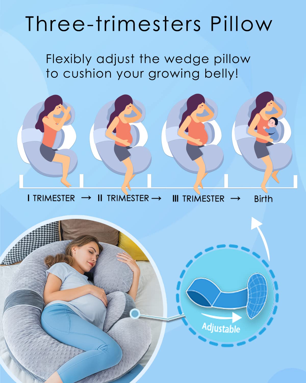 QUEEN ROSE Cooling Pregnancy Pillows, E Shaped Maternity Pillow for Sleeping, with Extra Wedge Pillow for Belly Support, 60 Inch Full Body Pillow, Pink