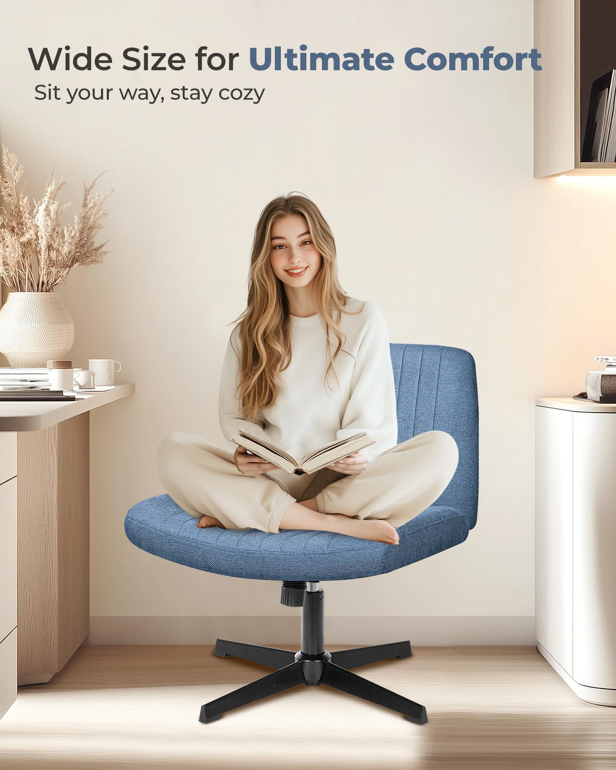 NEO CHAIR Criss Cross Chair with Wheels Home Office Cross Legged Armless Chairs Adjustable Computer Desk Wide Seat for Bedroom Vanity Comfy Swivel (Teddy White)