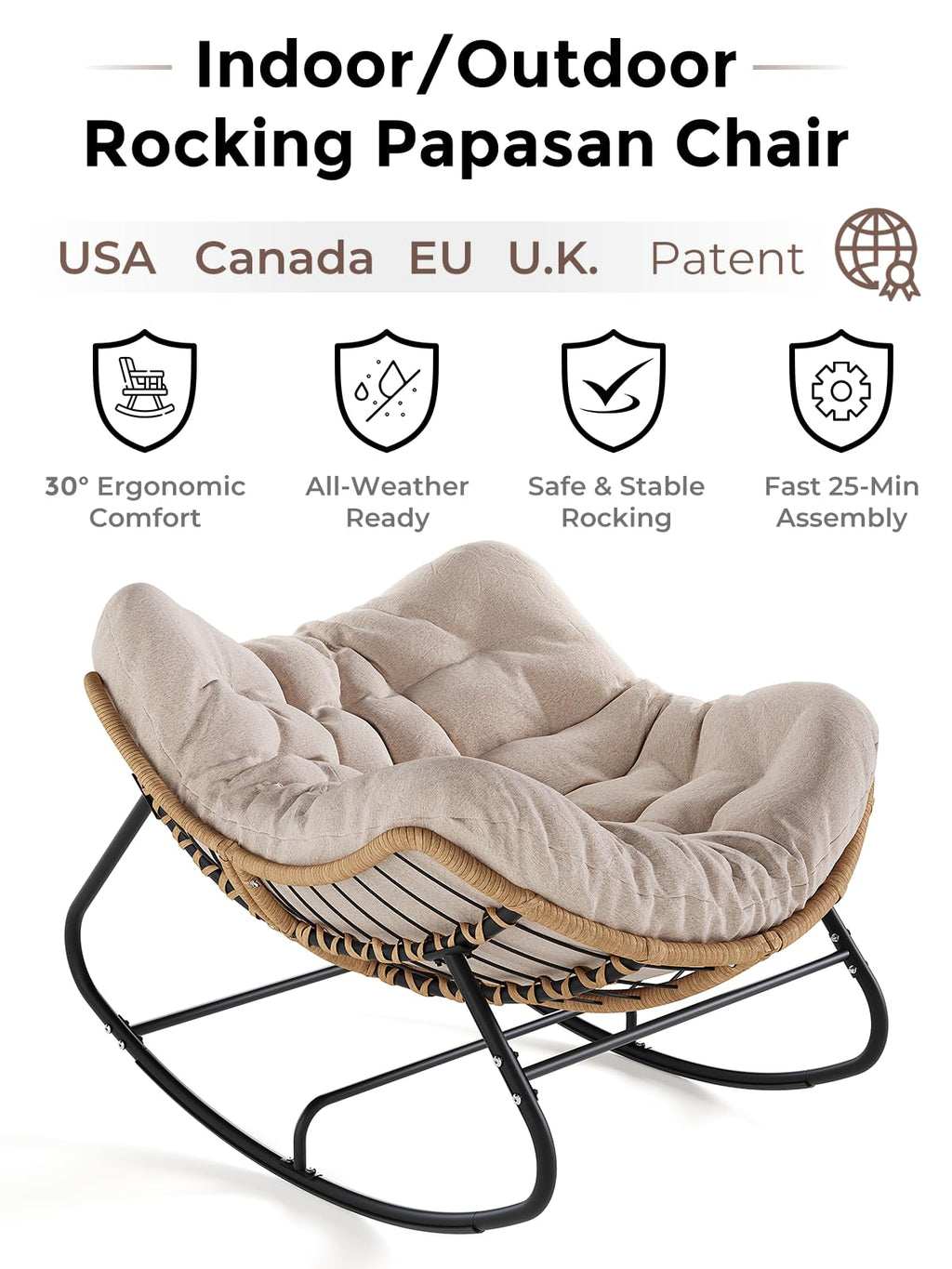 SWITTE Papasan Rocking Chair Outdoor, Oversized Patio Egg Chair with Thick Cushion, Indoor Wicker Lounge Rocker Bed for Balcony, Porch, Garden, Dark Gray