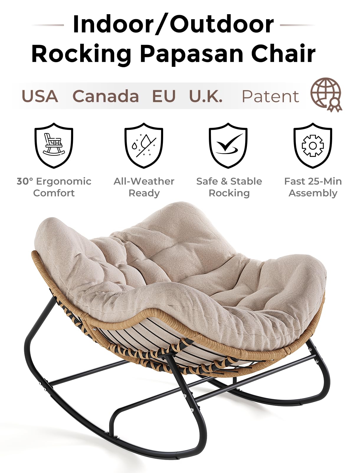 SWITTE Papasan Rocking Chair Outdoor, Oversized Patio Egg Chair with Thick Cushion, Indoor Wicker Lounge Rocker Bed for Balcony, Porch, Garden, Dark Gray