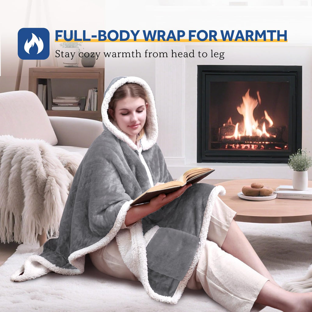 Sealy Heated Throw Wearable Shawl Wrap with Pockets, Reversible Flannel to Sherpa Electric Blanket Hoodie Poncho with 6 Heating Levels & 2-10 Hours Time Settings, 50 X 60 Inch, Pink