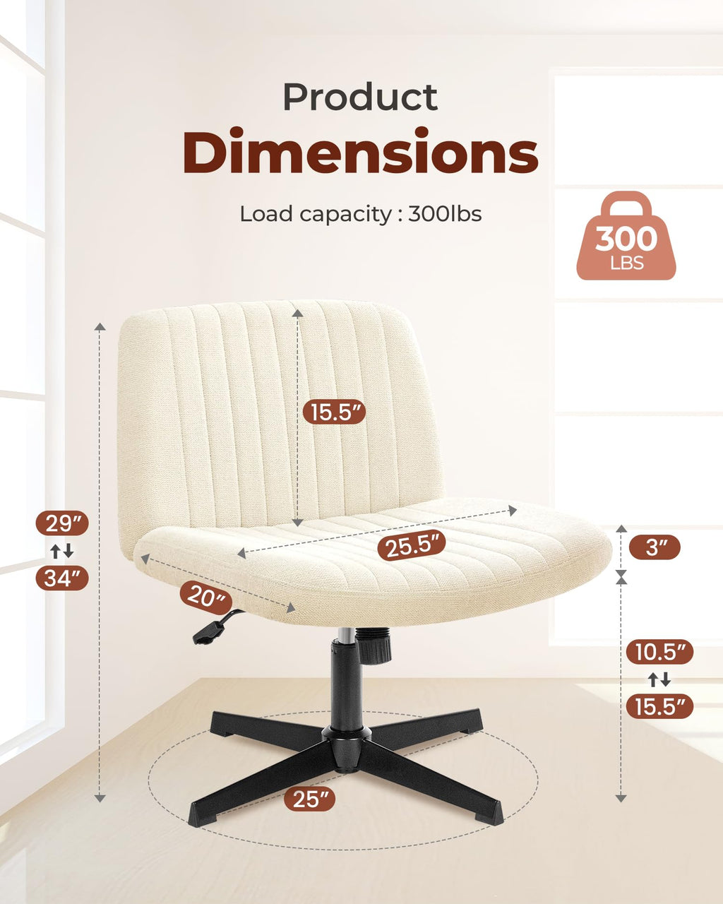 NEO CHAIR Criss Cross Chair with Wheels Home Office Cross Legged Armless Chairs Adjustable Computer Desk Wide Seat for Bedroom Vanity Comfy Swivel (Teddy White)