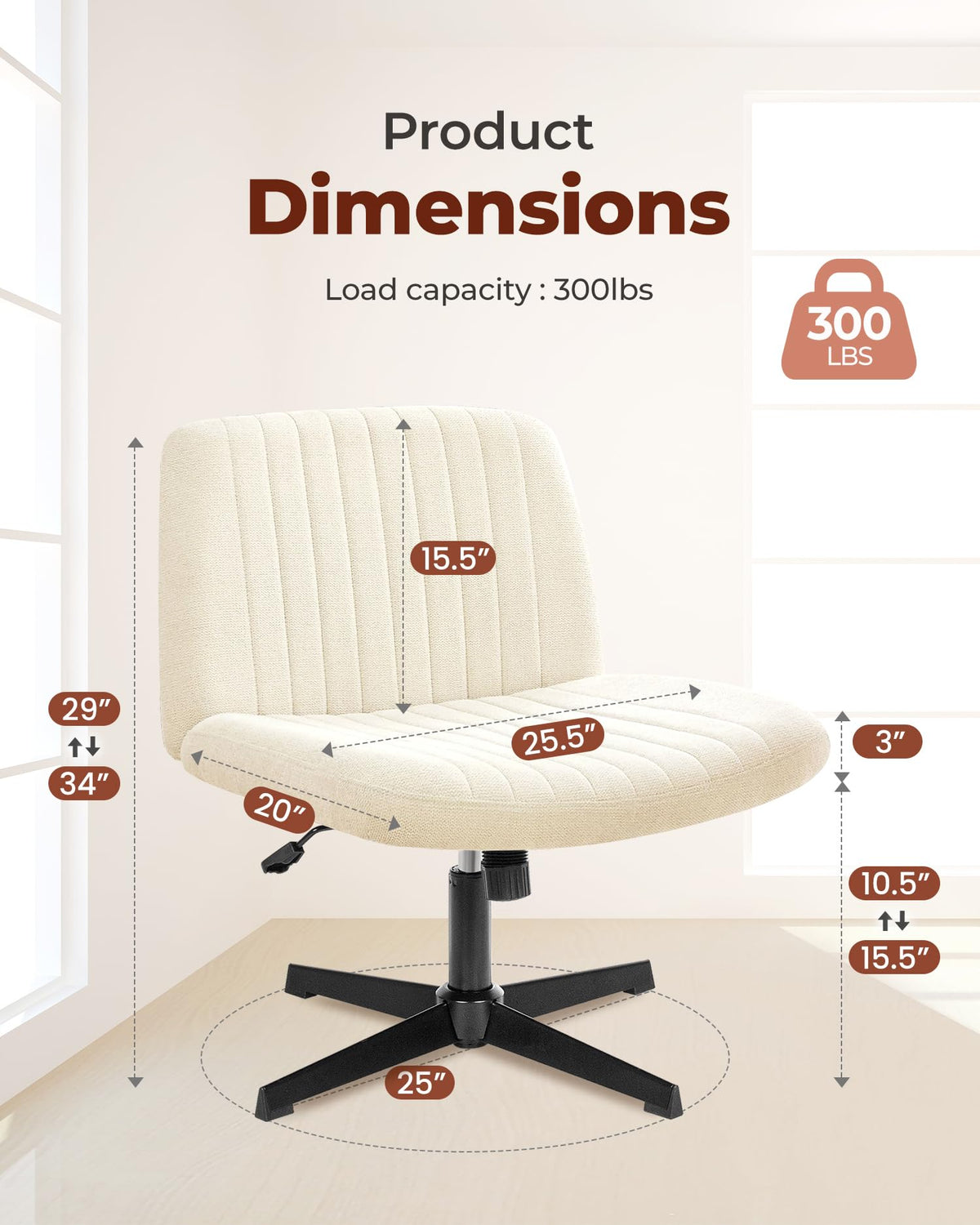 NEO CHAIR Criss Cross Chair with Wheels Home Office Cross Legged Armless Chairs Adjustable Computer Desk Wide Seat for Bedroom Vanity Comfy Swivel (Teddy White)