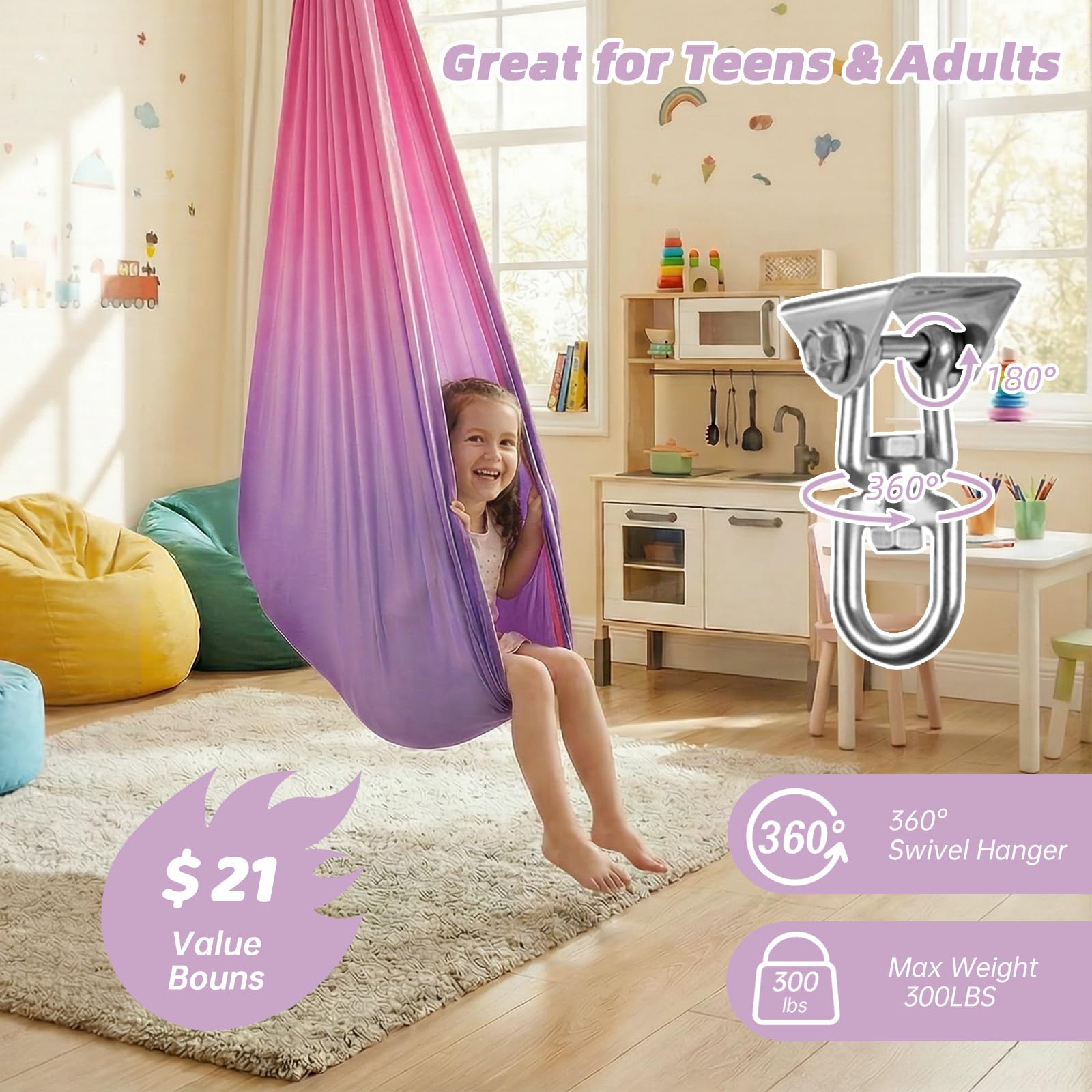 Aokitec Sensory Swing for Kids with Special Needs, Indoor Kids Swing Cuddle Hammock Chair Adjustable Aerial Swing for Children with Autism, ADHD, Asperger, Sensory Integration(Blue)