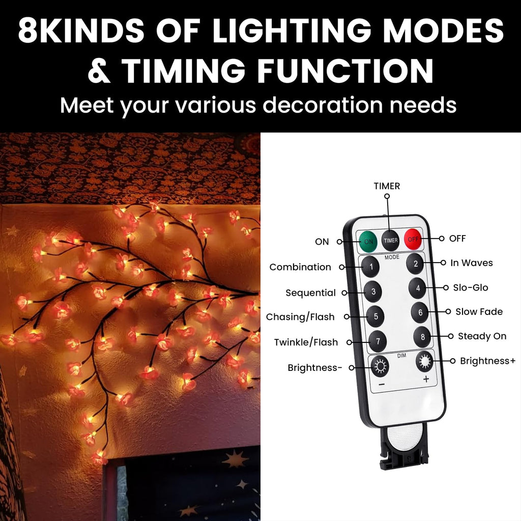 Cherry Blossom Lights with Remote, 8 Modes for Room Decor | Remote Control, 8 Lighting Modes, USB Powered, Timer Function, Bendable Branches, Indoor Cherry Blossom Tree Light