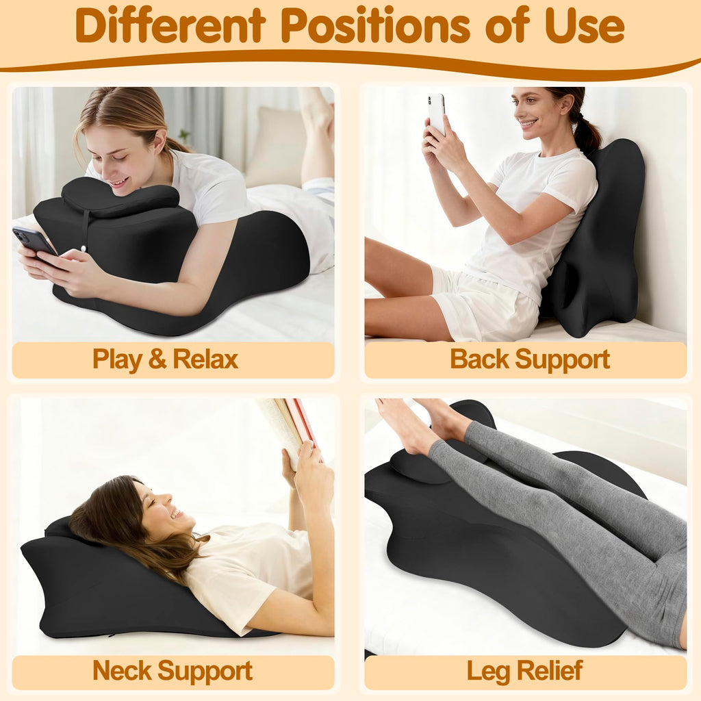 MYFAMIREA Memory Foam Ergonomic Wedge Pillow for Adults - Prone Pillow for Bed Sleeping, Reading, Memory Foam Ergonomic Cushion for Back Support, Sitting Up and Back Pain, with Removable Cover (Black)