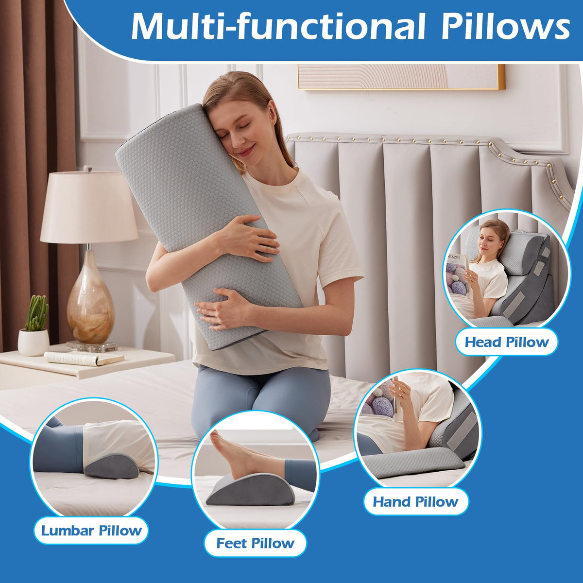 Ahpmeoa 6PCS Wedge Pillow Set for After Surgery, Orthopedic Bed Wedge Pillow for Headboard, Memory Foam Back Pillow for Bed Sitting Up, Sit Up Pillow for Acid Reflux Relief, GERD, Anti Snoring (White)