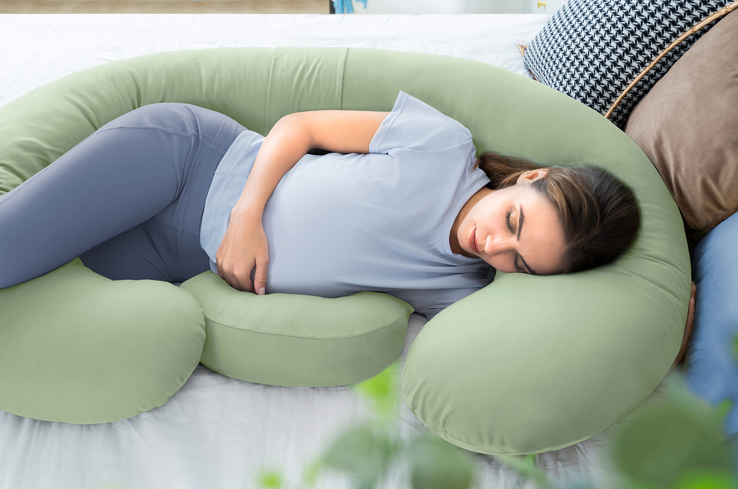 QUEEN ROSE Cooling Pregnancy Pillows, E Shaped Maternity Pillow for Sleeping, with Extra Wedge Pillow for Belly Support, 60 Inch Full Body Pillow, Pink
