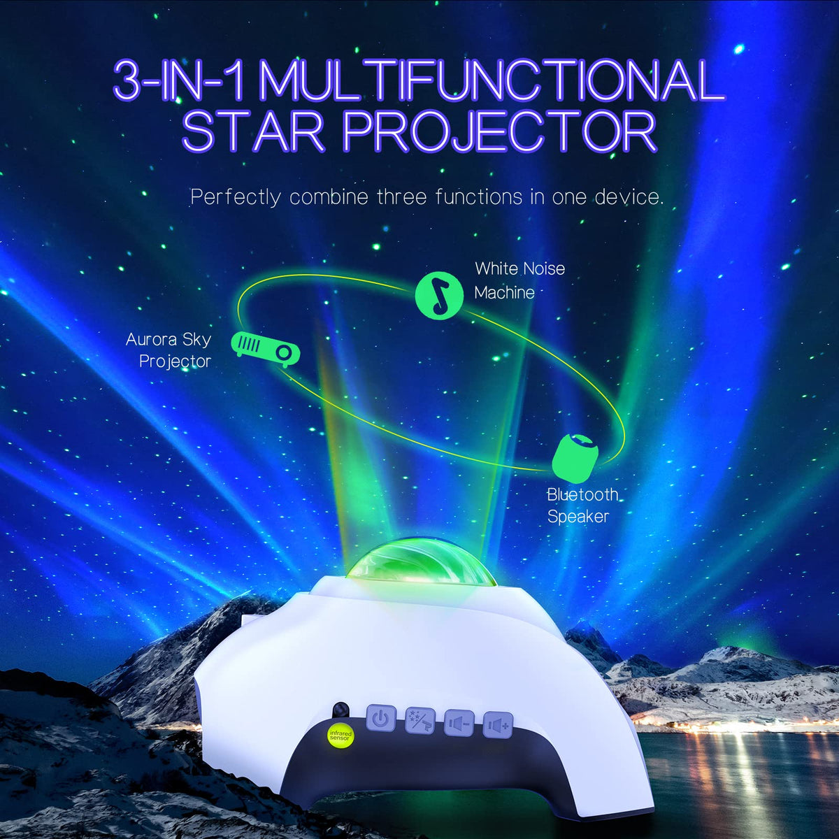 Northern Galaxy Light Aurora Projector with 33 Light Effects, Night Lights LED Star Projector for Bedroom Nebula Lamp, Remote Control, White Noises, Bluetooth Speaker for Parties Black